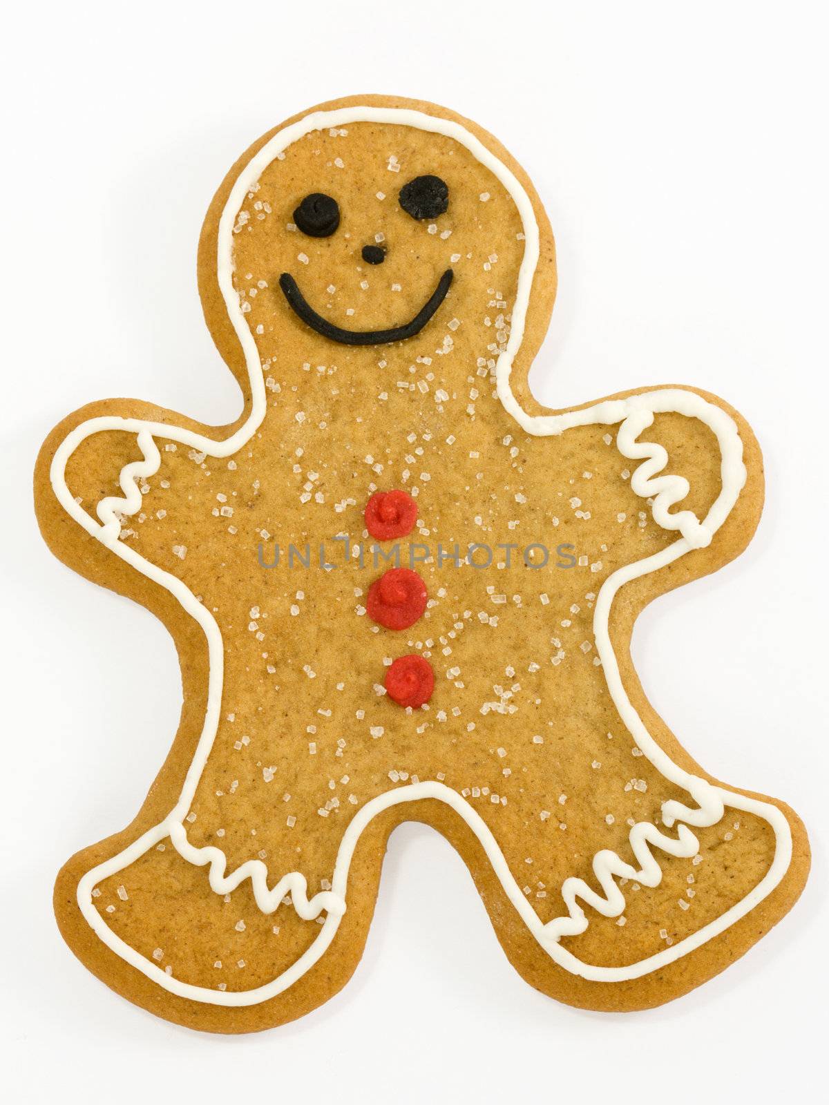 Smiling gingerbread man with red buttons