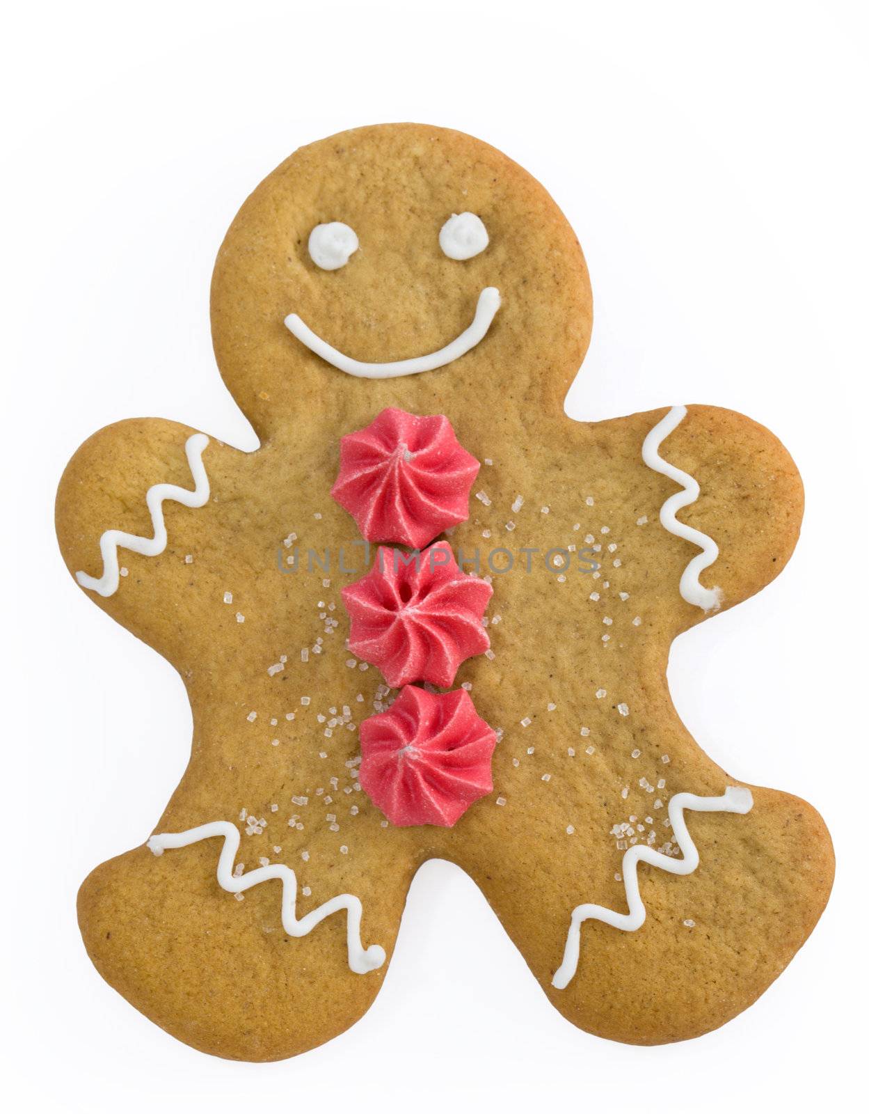 Smiling gingerbread man with sugar flower buttons