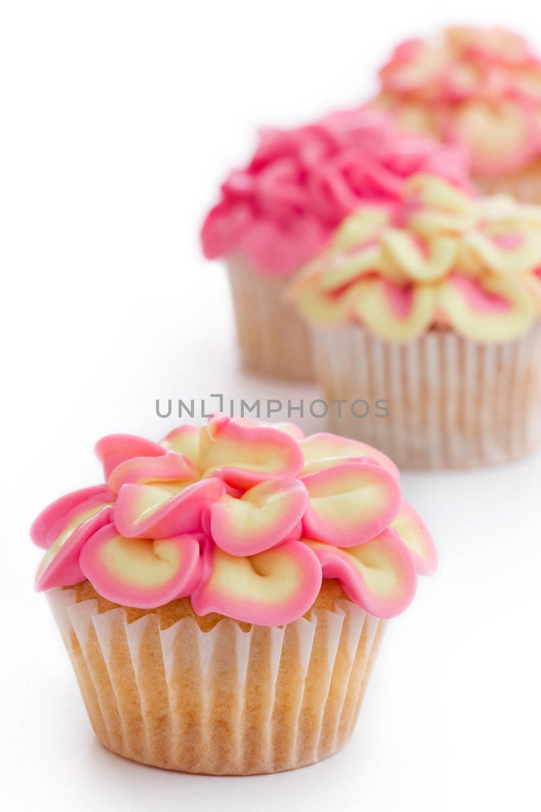 Pink and yellow cupcakes against a white background