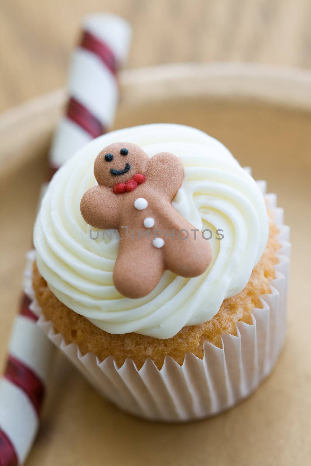 Mini cupcake decorated with a tiny gingerbread man