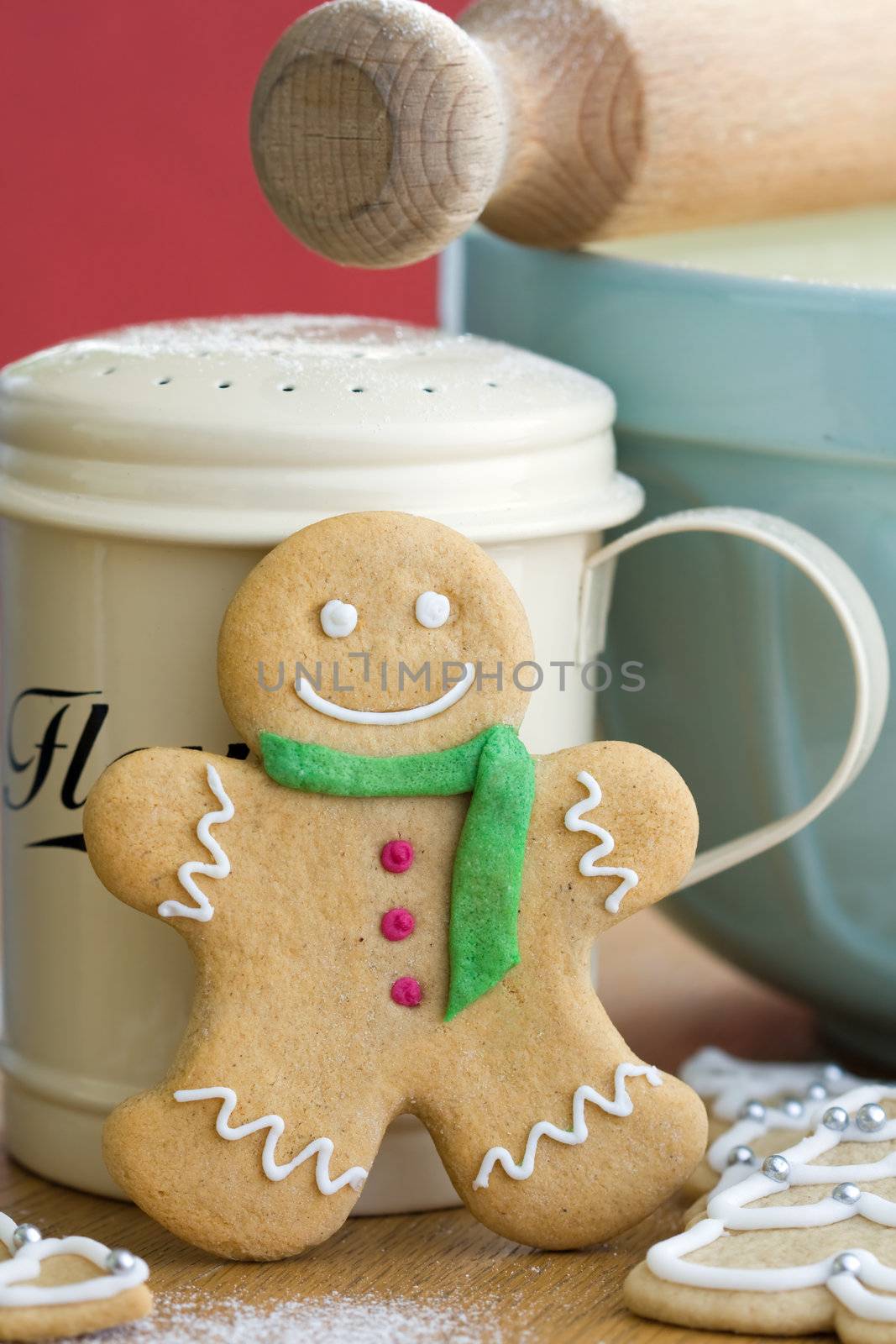 Smiling gingerbread man with scarf and buttons