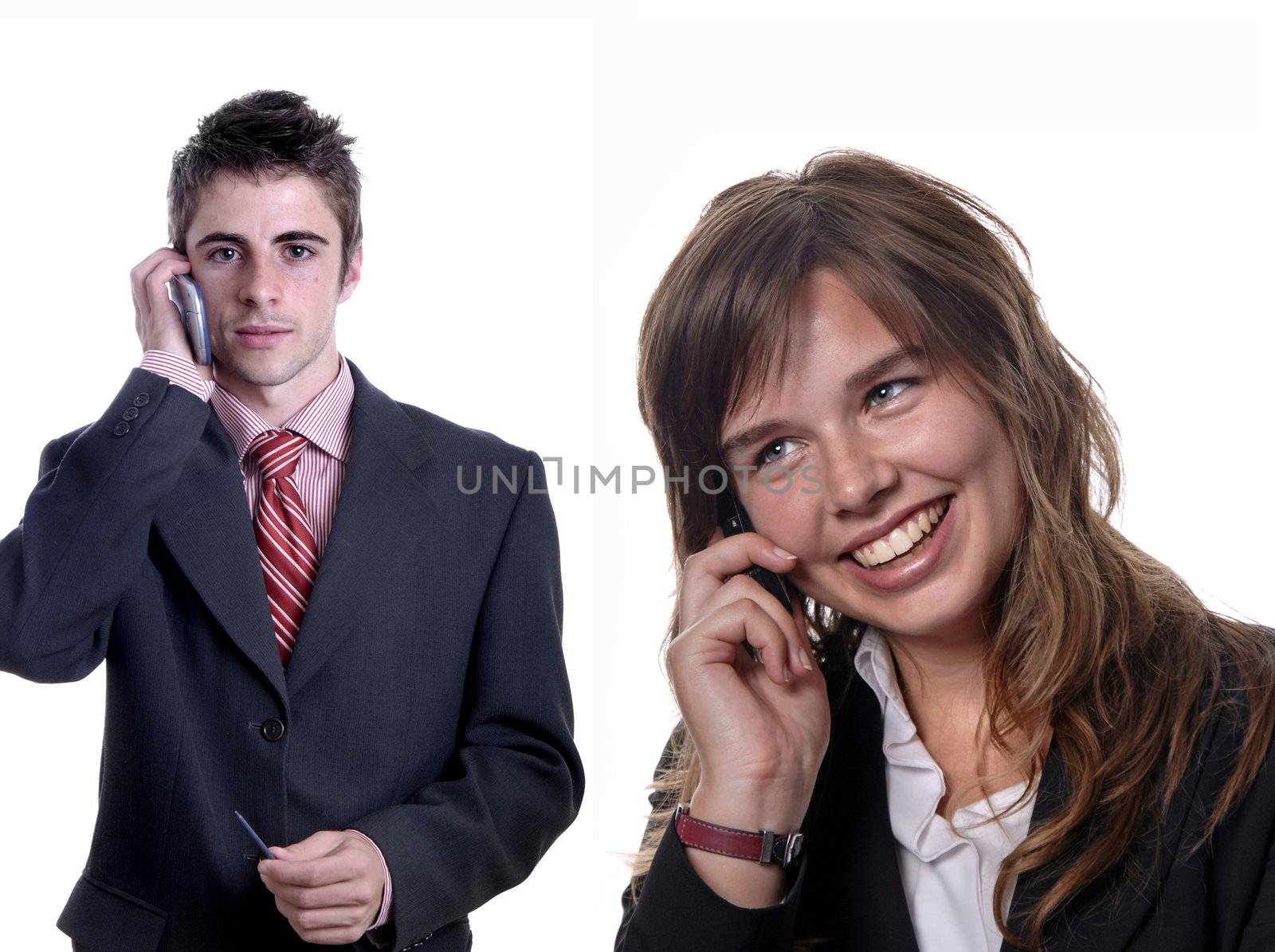 young couple on the phone in white background