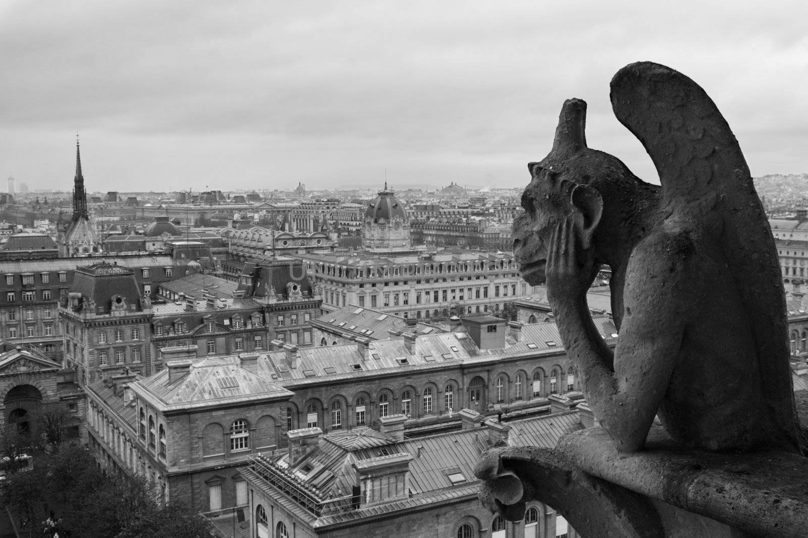 Gargoyle on Notre Dame overlooking Paris on a cloudy day