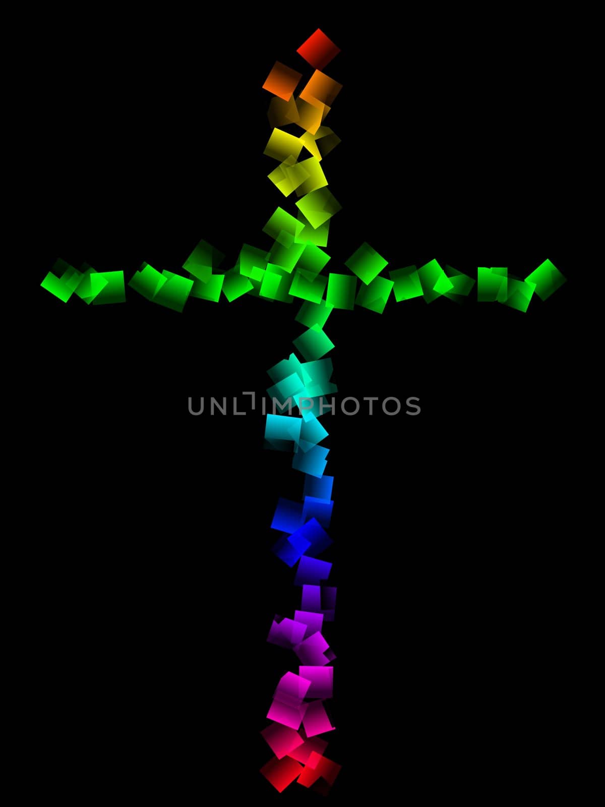 A holy cross that is made up of colourful squares.