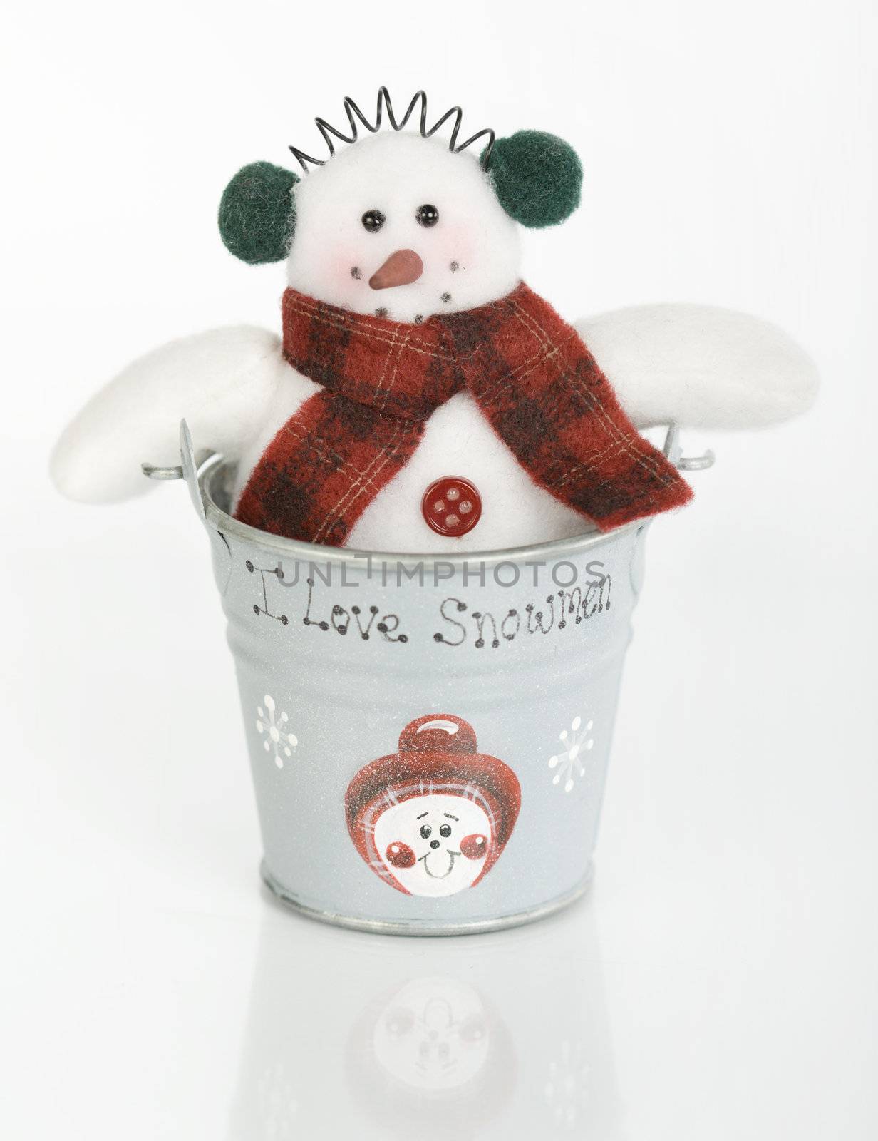 Cheerful snowman wearing scarf and ear muffs