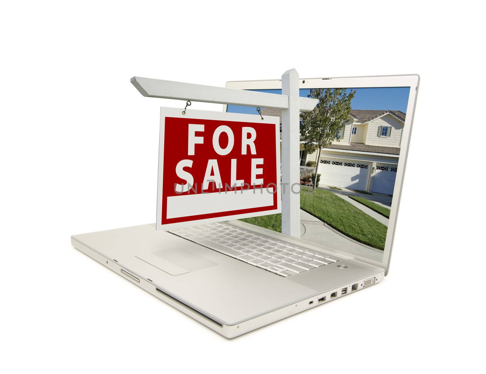 For Sale Sign & New Home on Laptop isolated on a white Background.