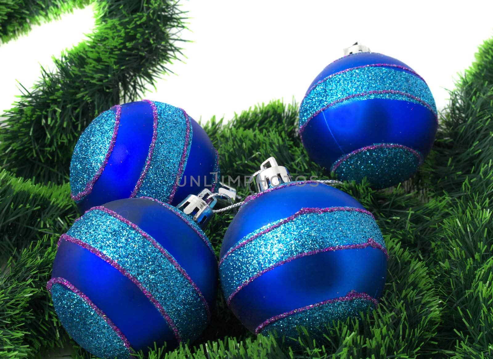 Christmas blue ornaments on white background