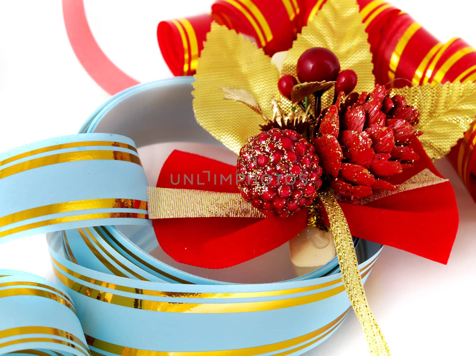 Christmas ornaments and ribbons  isolated on white background