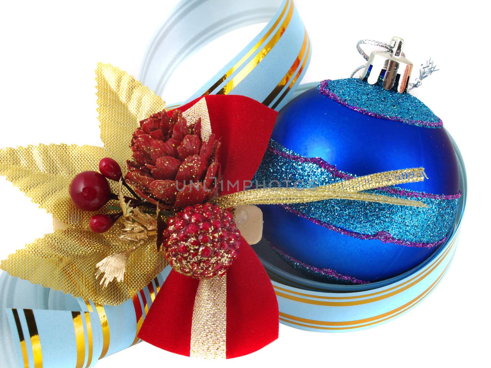 Christmas ornaments and ribbons  isolated on white background