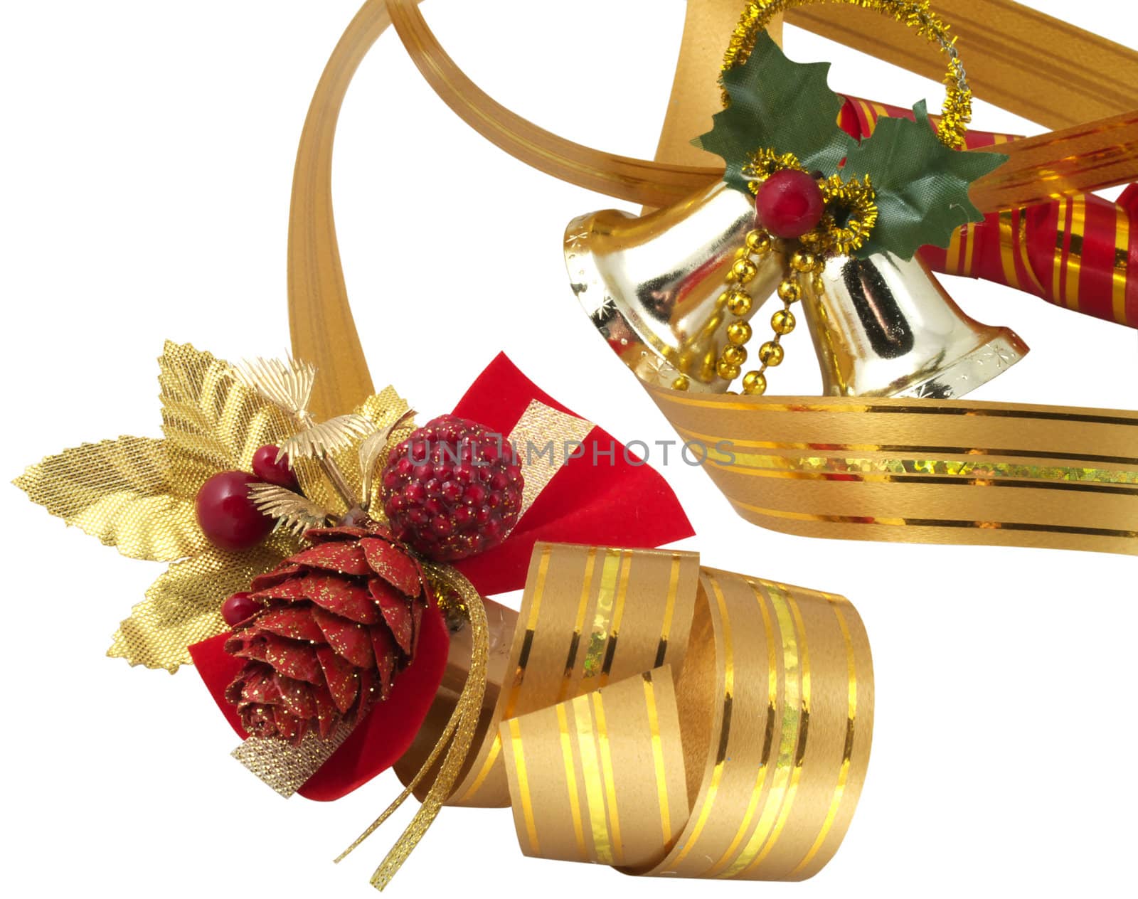 Christmas ornaments and ribbons  isolated on white background