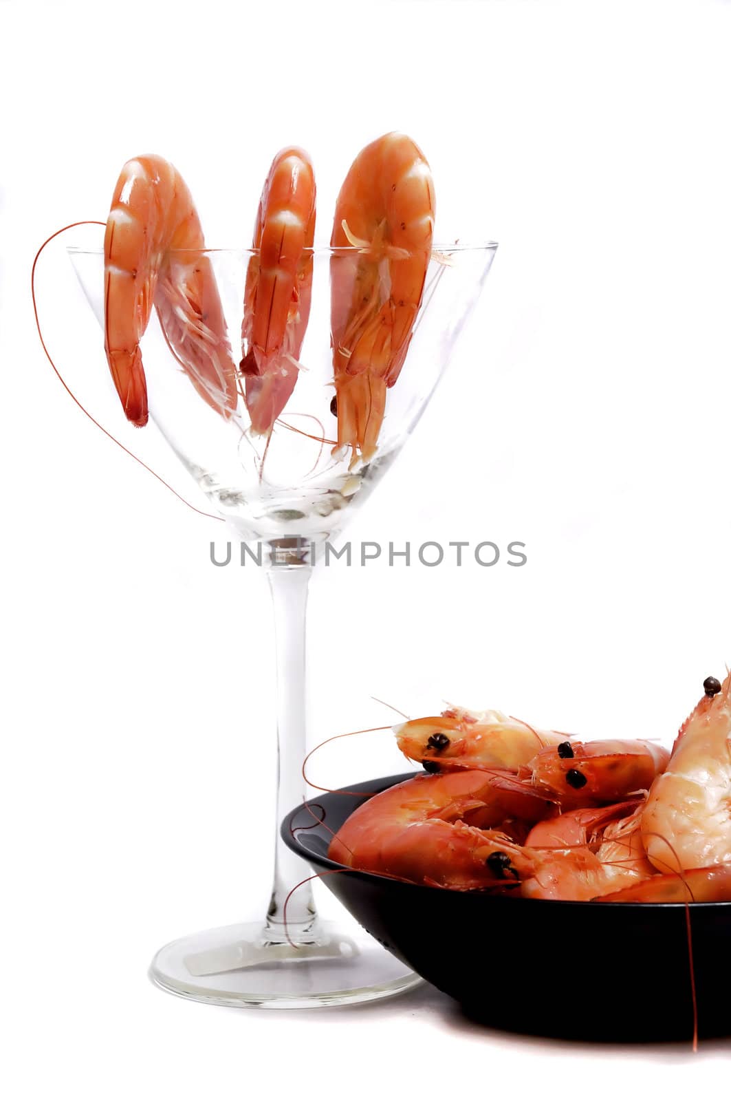 shrimp cocktail and bowl of shrimps, isolated on white
