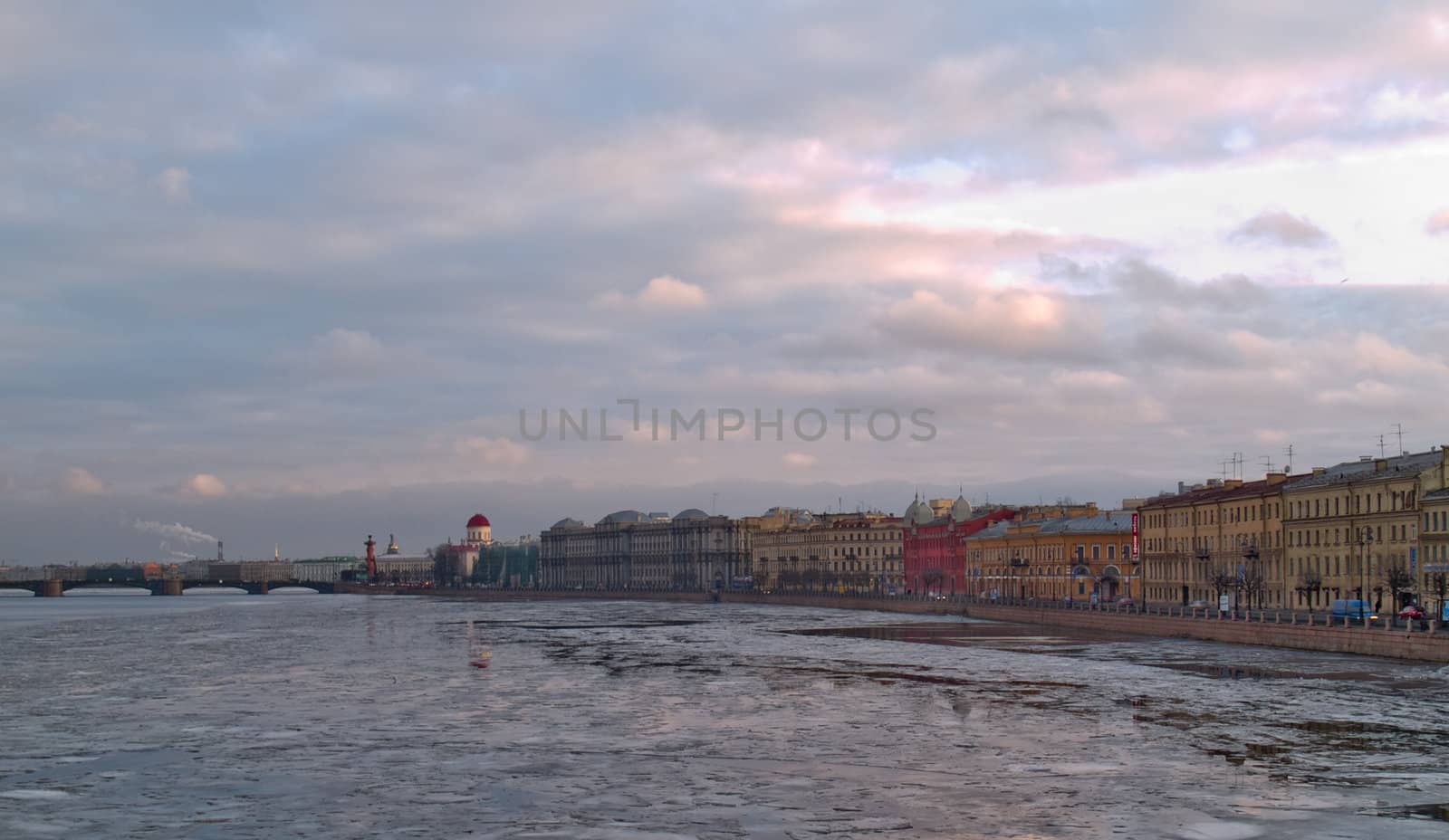 Sunset on the Neva River, Russia. Spring time ice drift