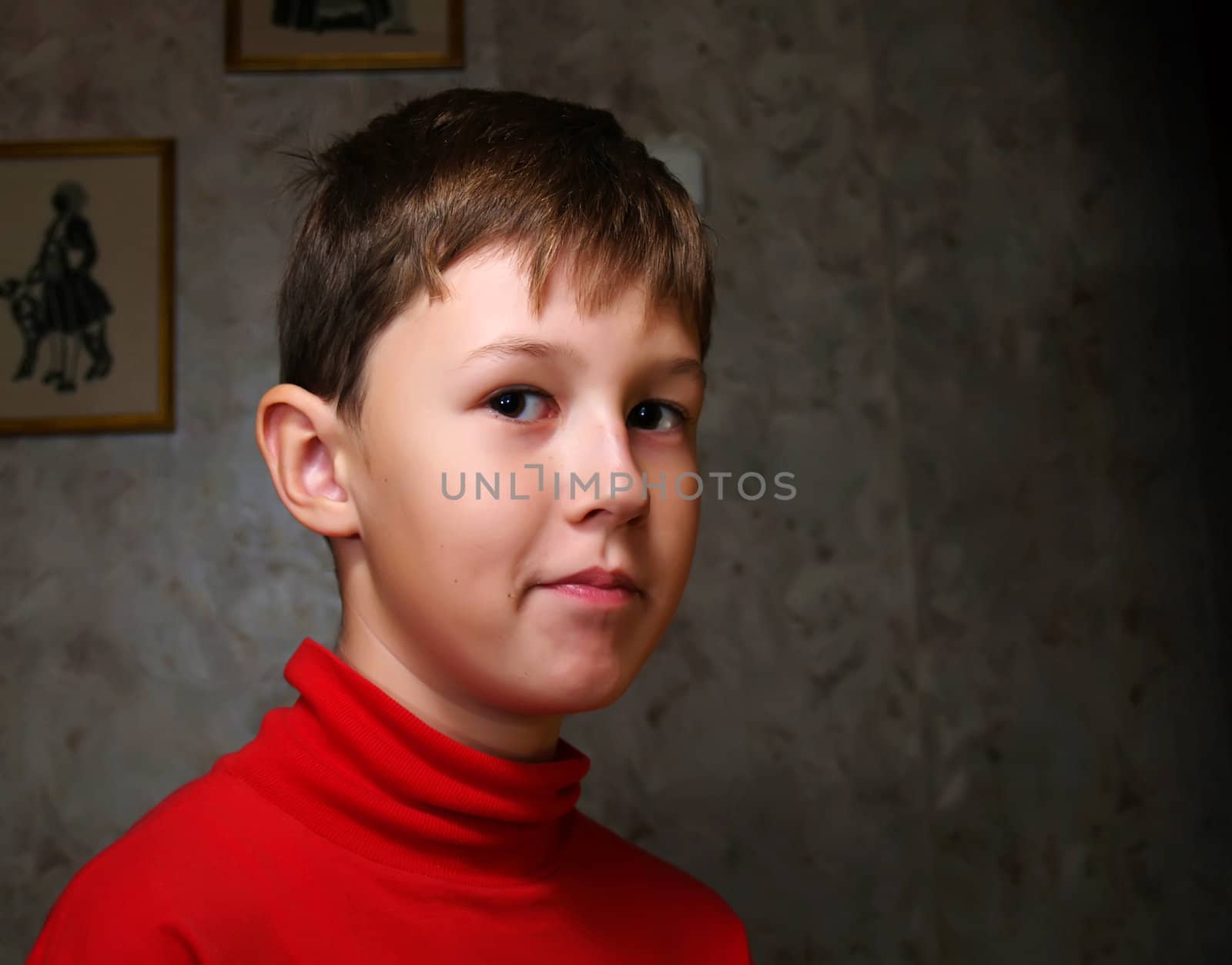 Smiling boy in dark room by K_Kot