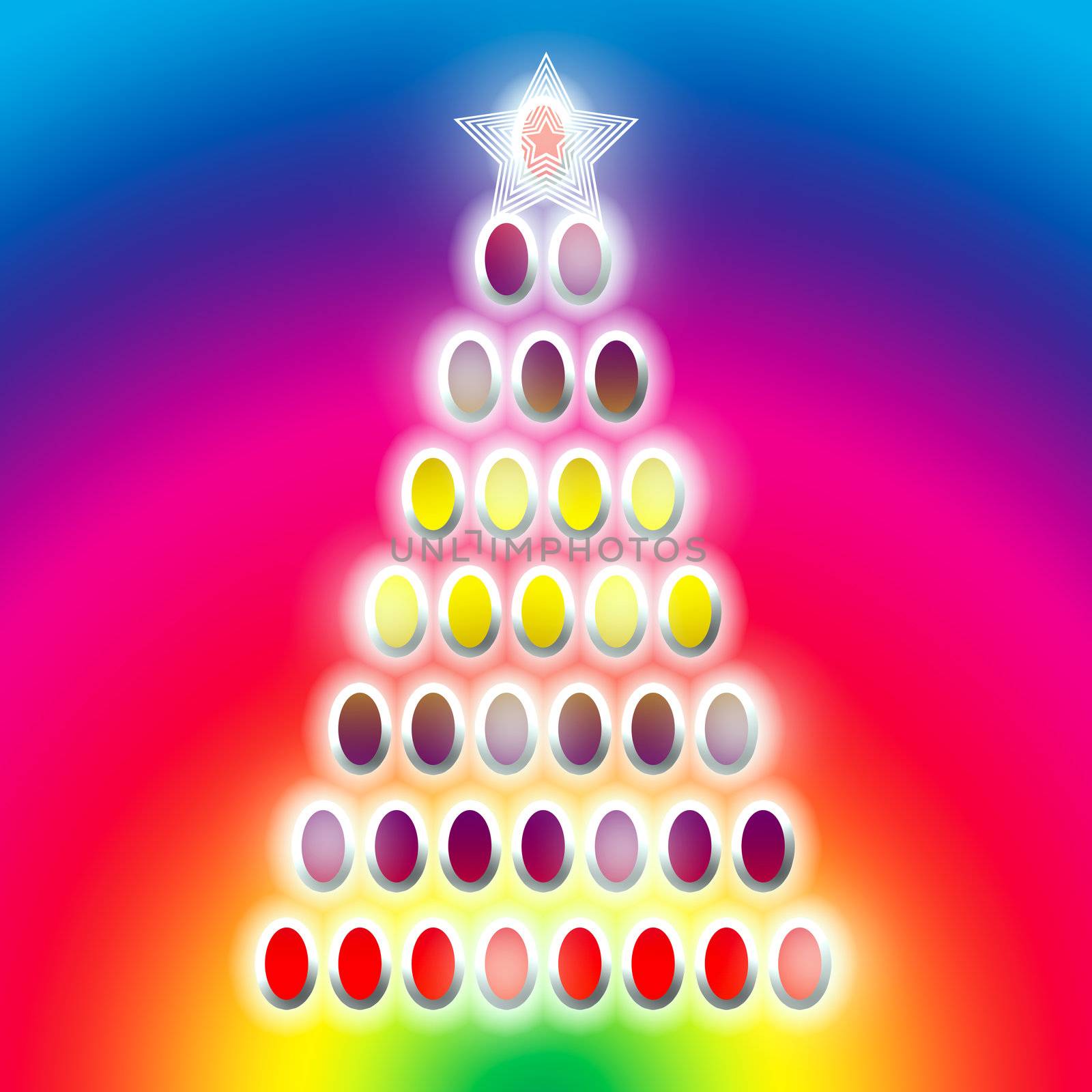 Bright Symbolic Colorful Christmas Tree over Multicolored Background