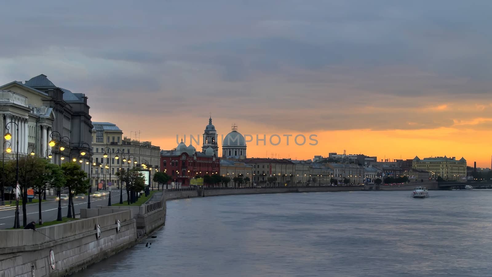Sunset on the Neva river. St Petersburg russia