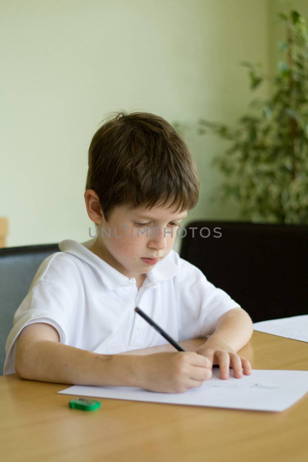 Boy at a table doing homework/drawing