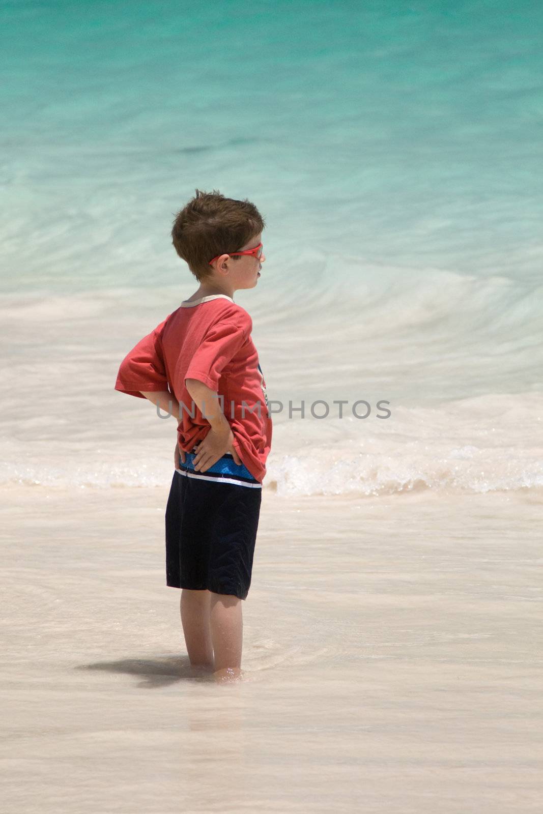 Boy paddling in the surf, staring out to sea