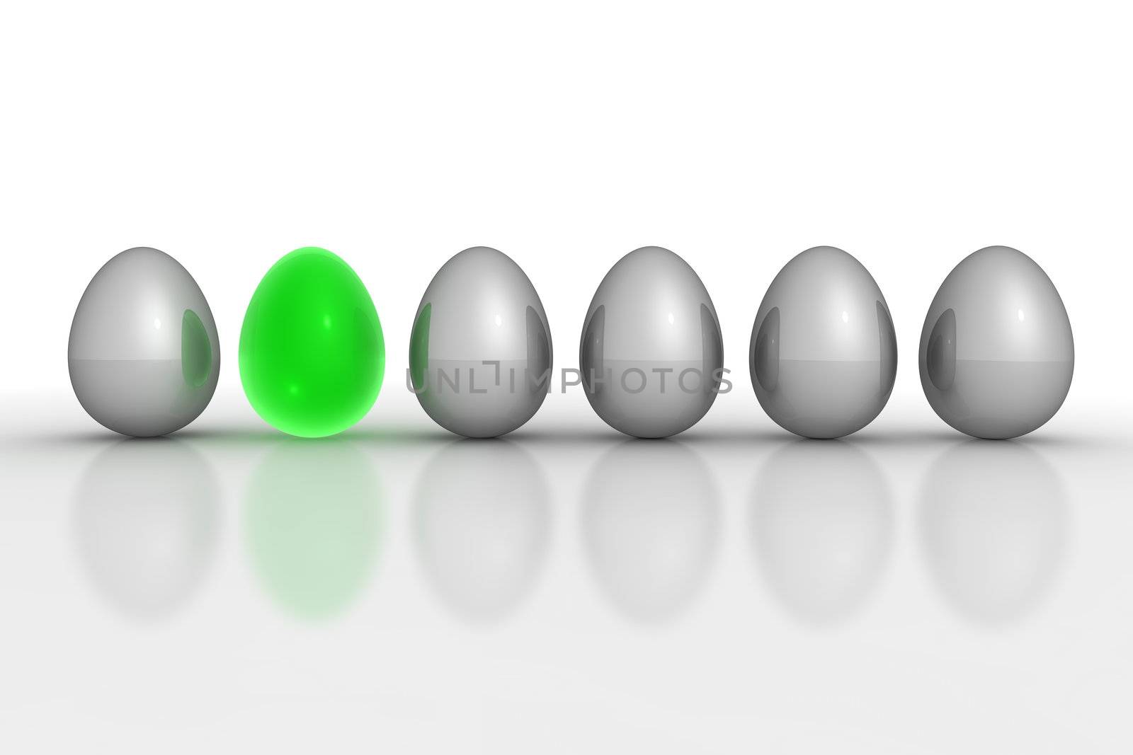 six metallic eggs ordered in a line - five eggs grey, one egg green translucent