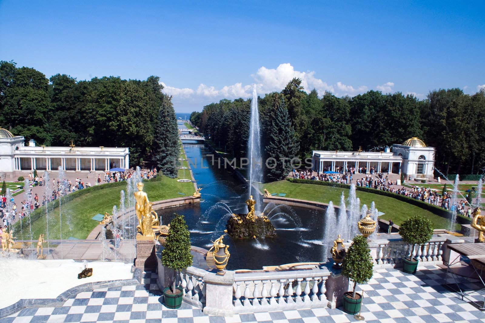 Fountains in Peterhof near St. Petersburg in the sunny summer afternoon
