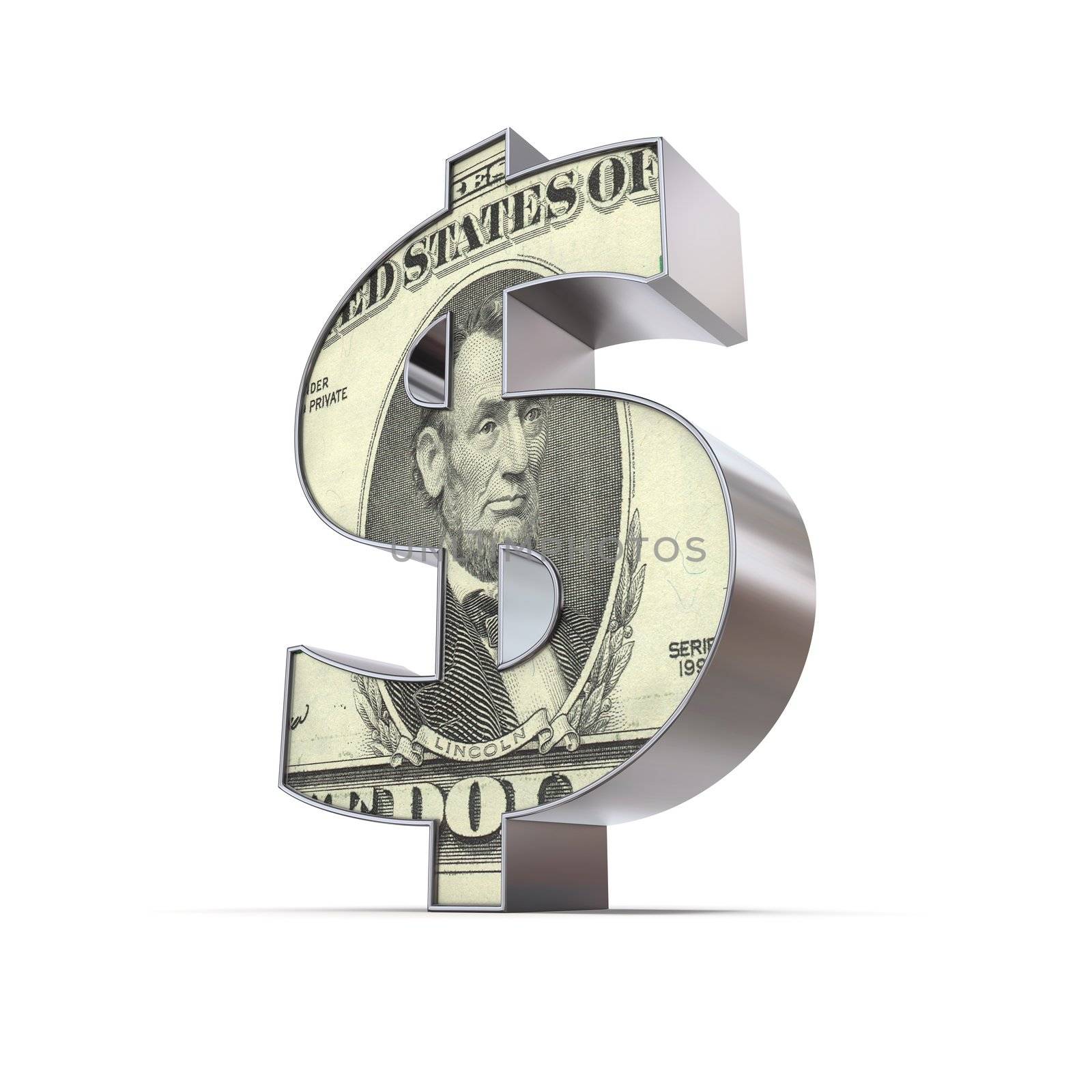 shiny dollar symbol in a chrome and metal look - front surface is textured with a 5 dollar note