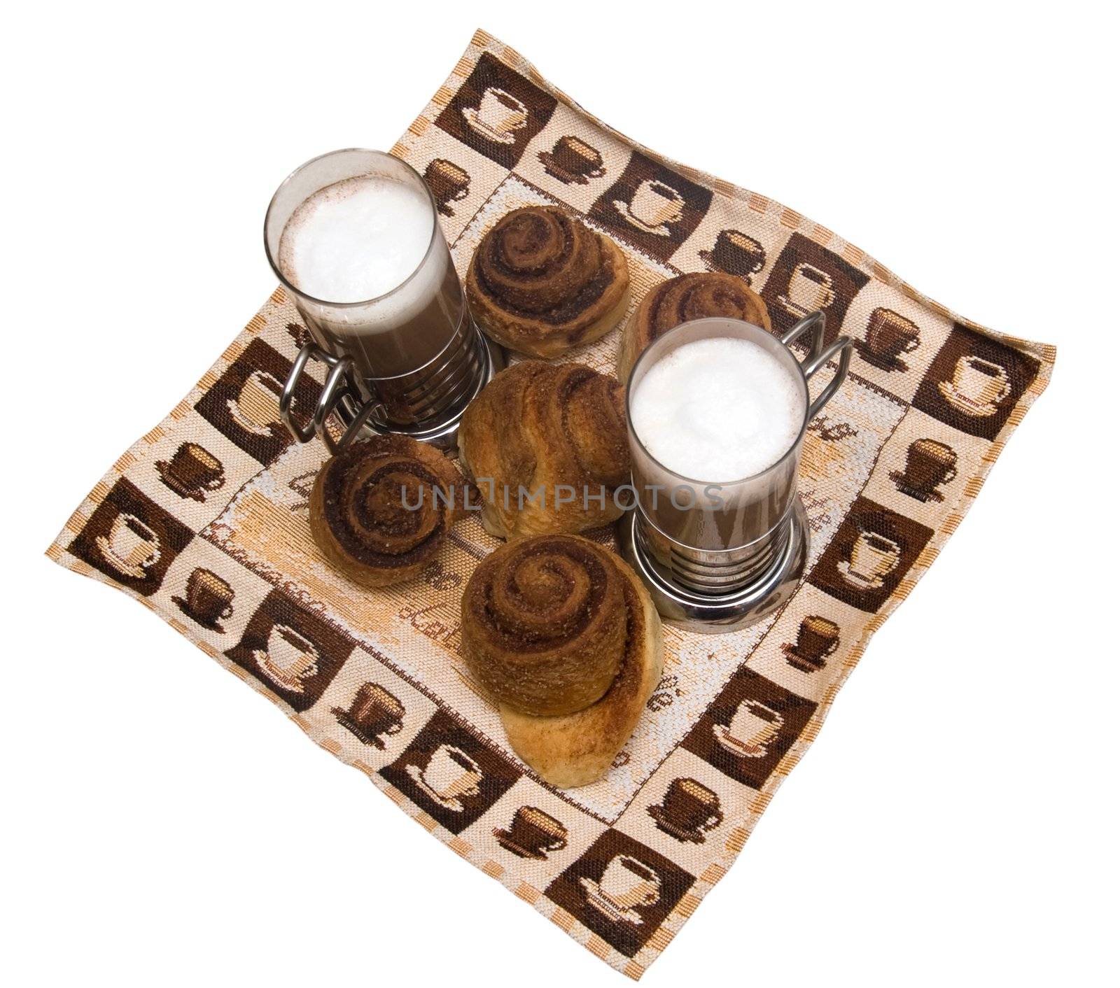 Home-made cinnamon snail bakery with latte isolated on white