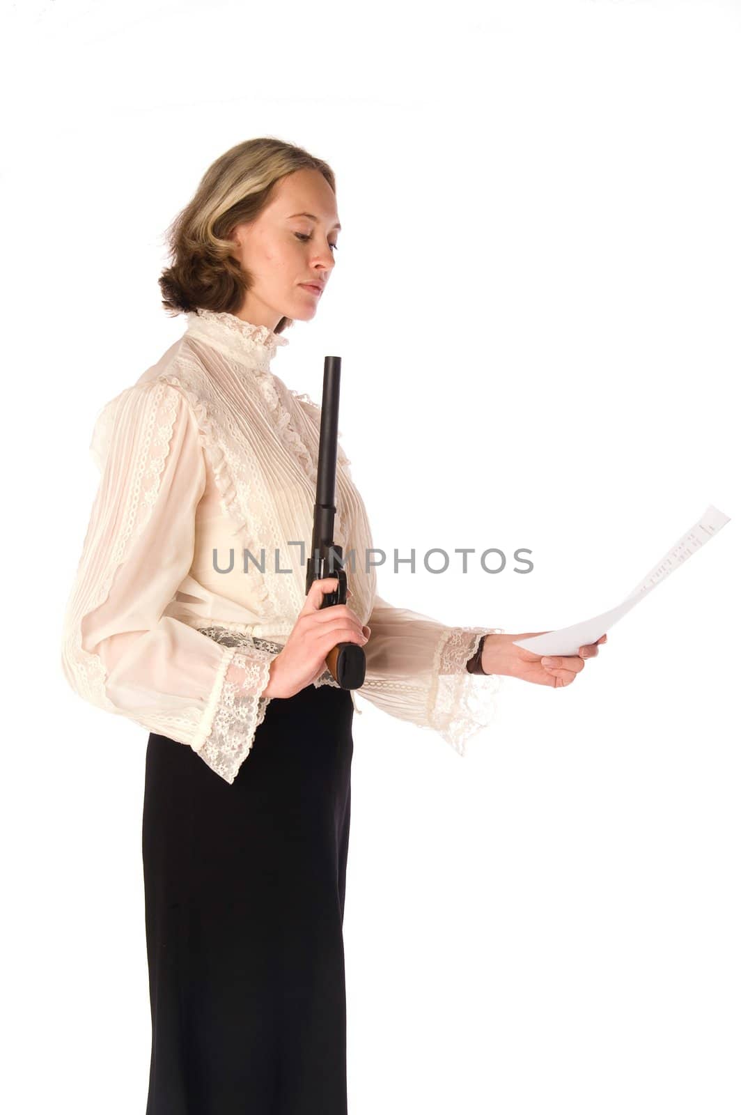 Resolute woman with gun and papers: she kill all business rivals and win contract!
(isolated on white)