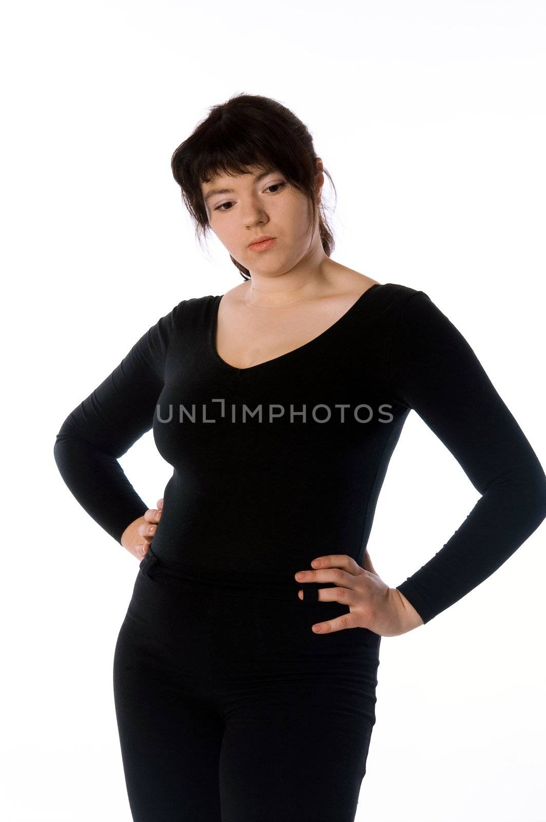 Depressed woman in black isolated on white