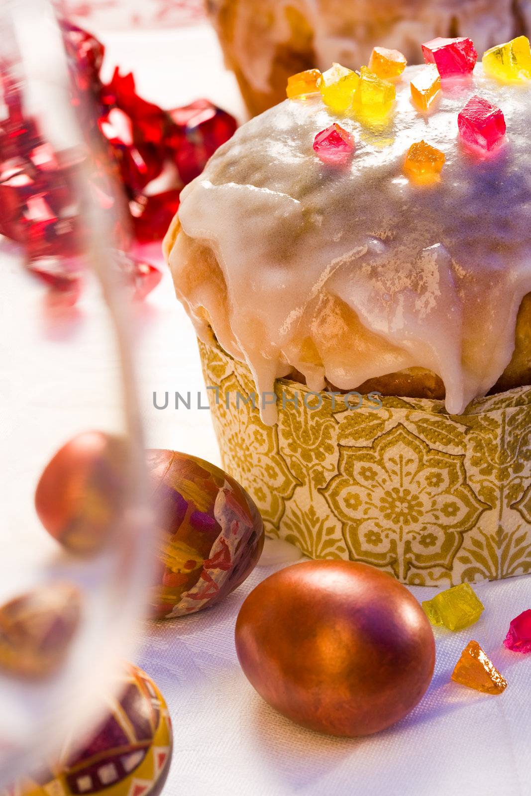 Easter cake decorated with marmalade and eggs