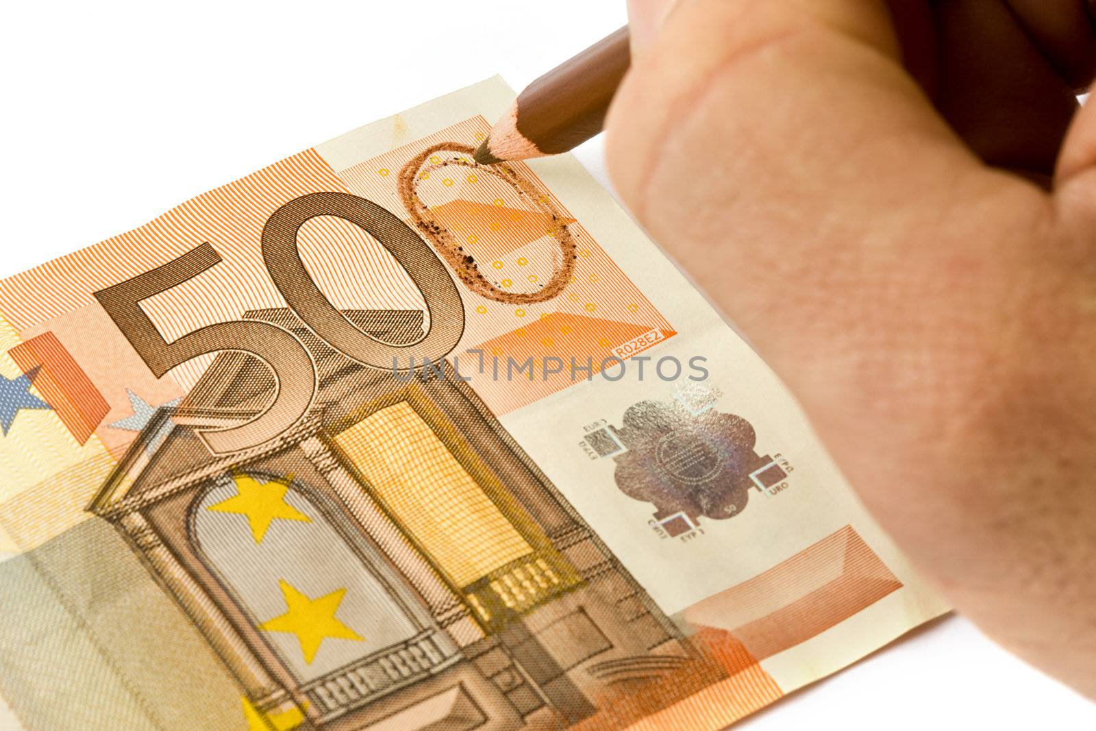 Drawing zero numeral on the euro banknote