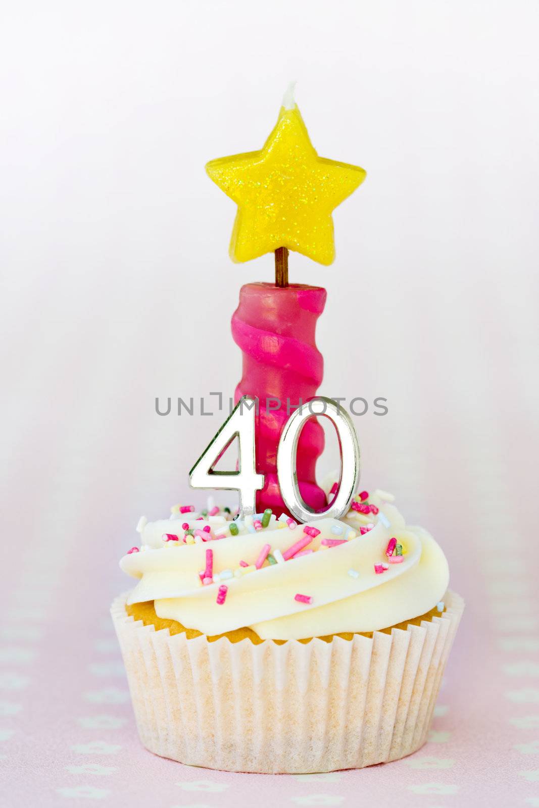 Mini fortieth birthday cake decorated with a single candle