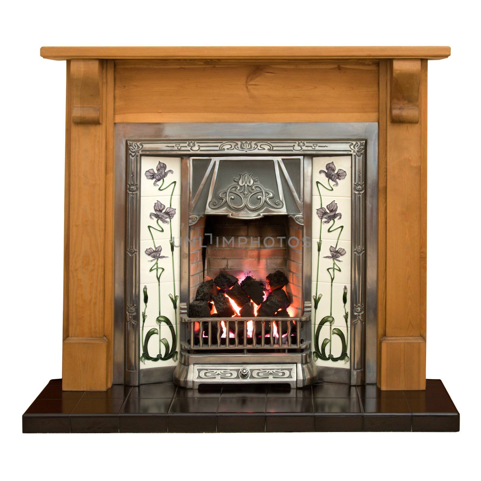 Victorian style tiled fireplace with pine surround