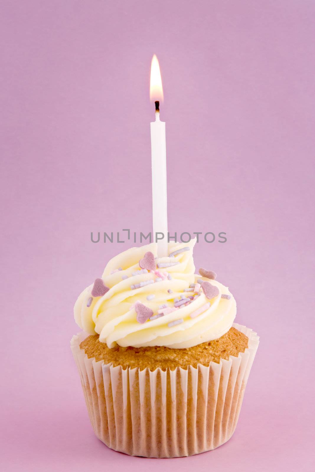 Cupcake decorated with purple sprinkles and a single candle