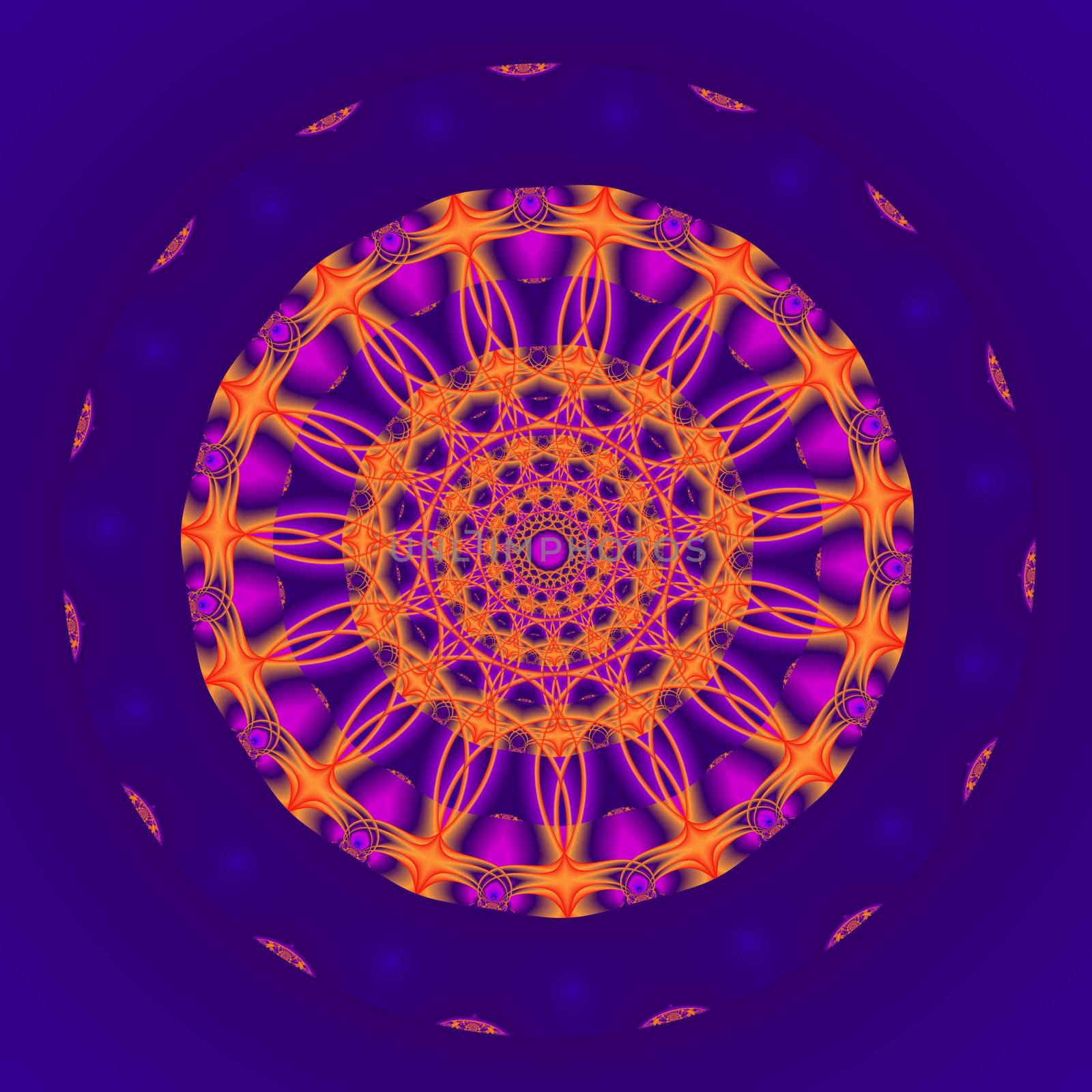 A circular mandala shaped fractal done in shades of orange and purple.