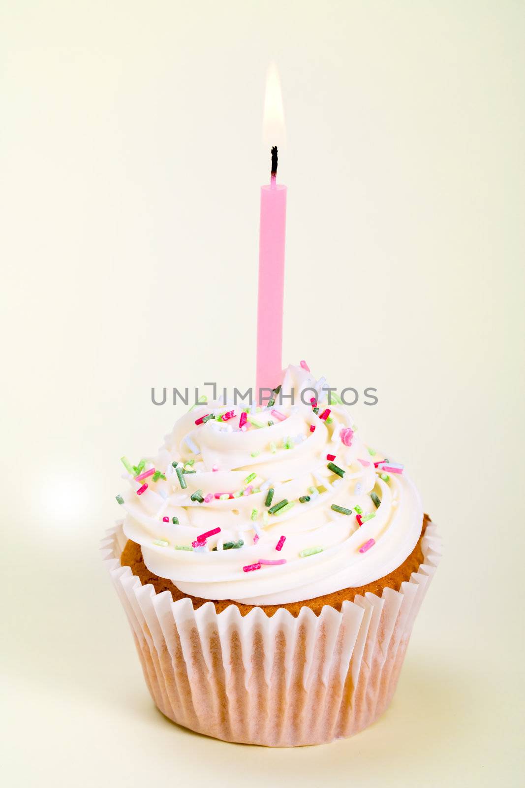Cupcake decorated with sugar sprinkles and a single candle