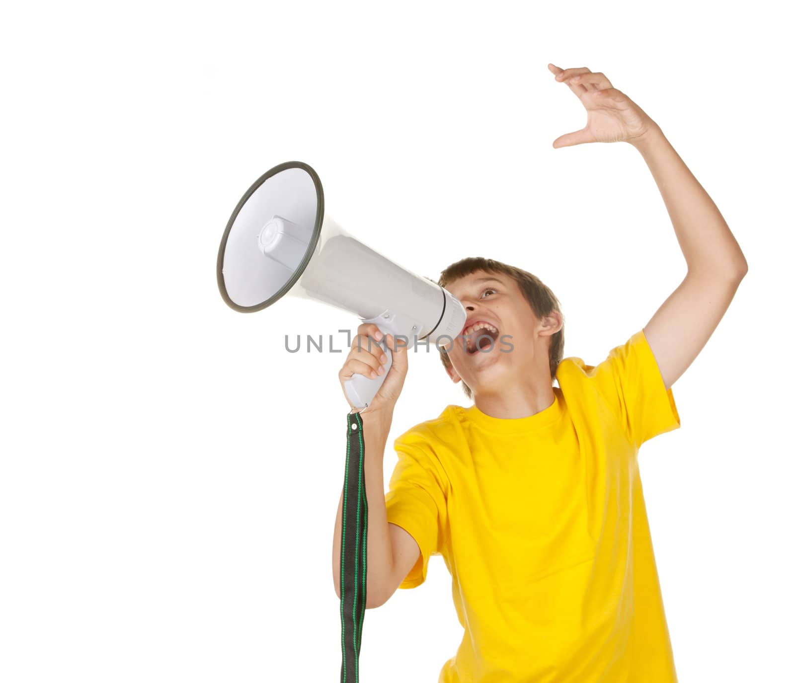 young boy talking and yelling into a megaphone