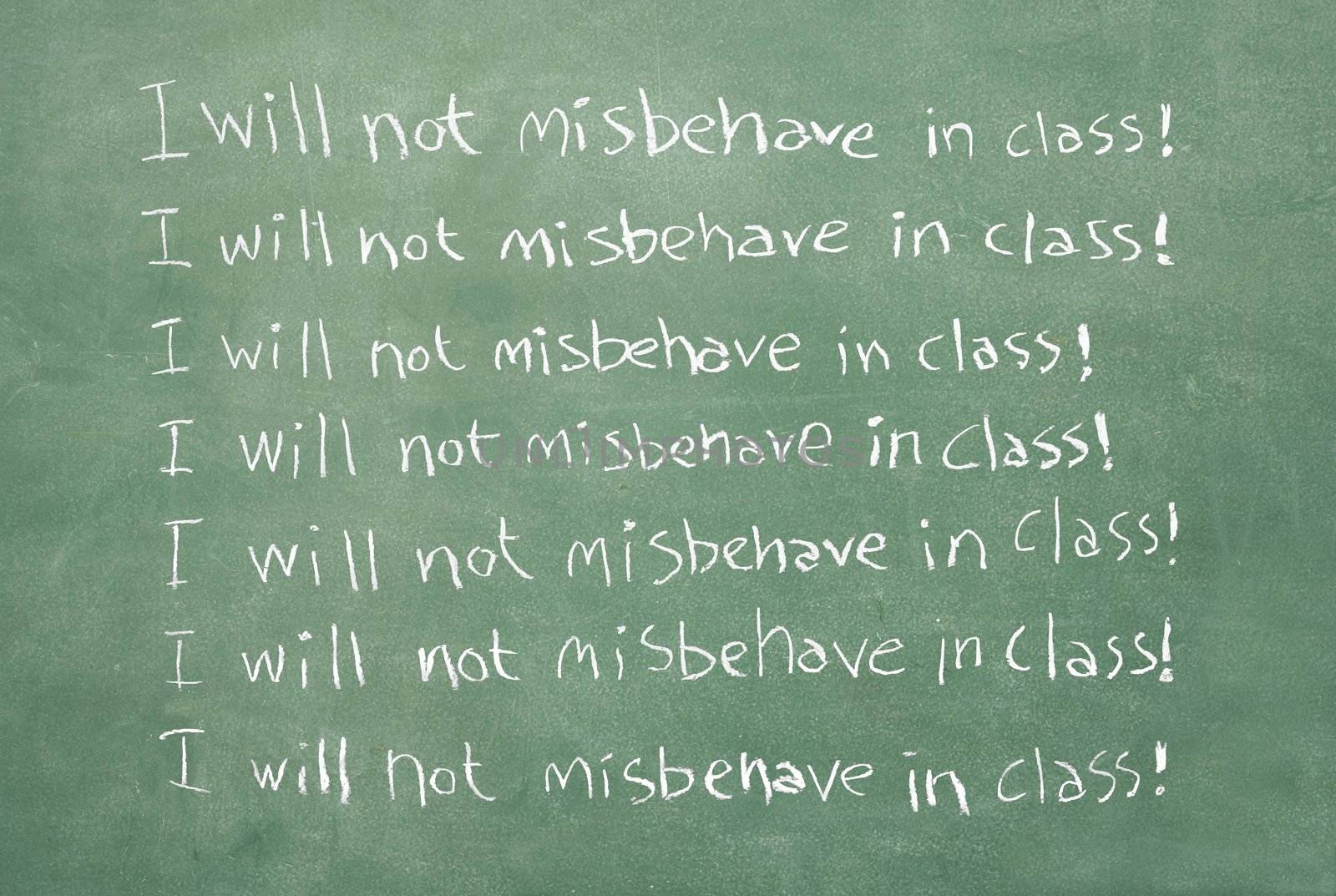 large XXL image of an old chalkboard with the sentence I will not misbehave in class written over and over again