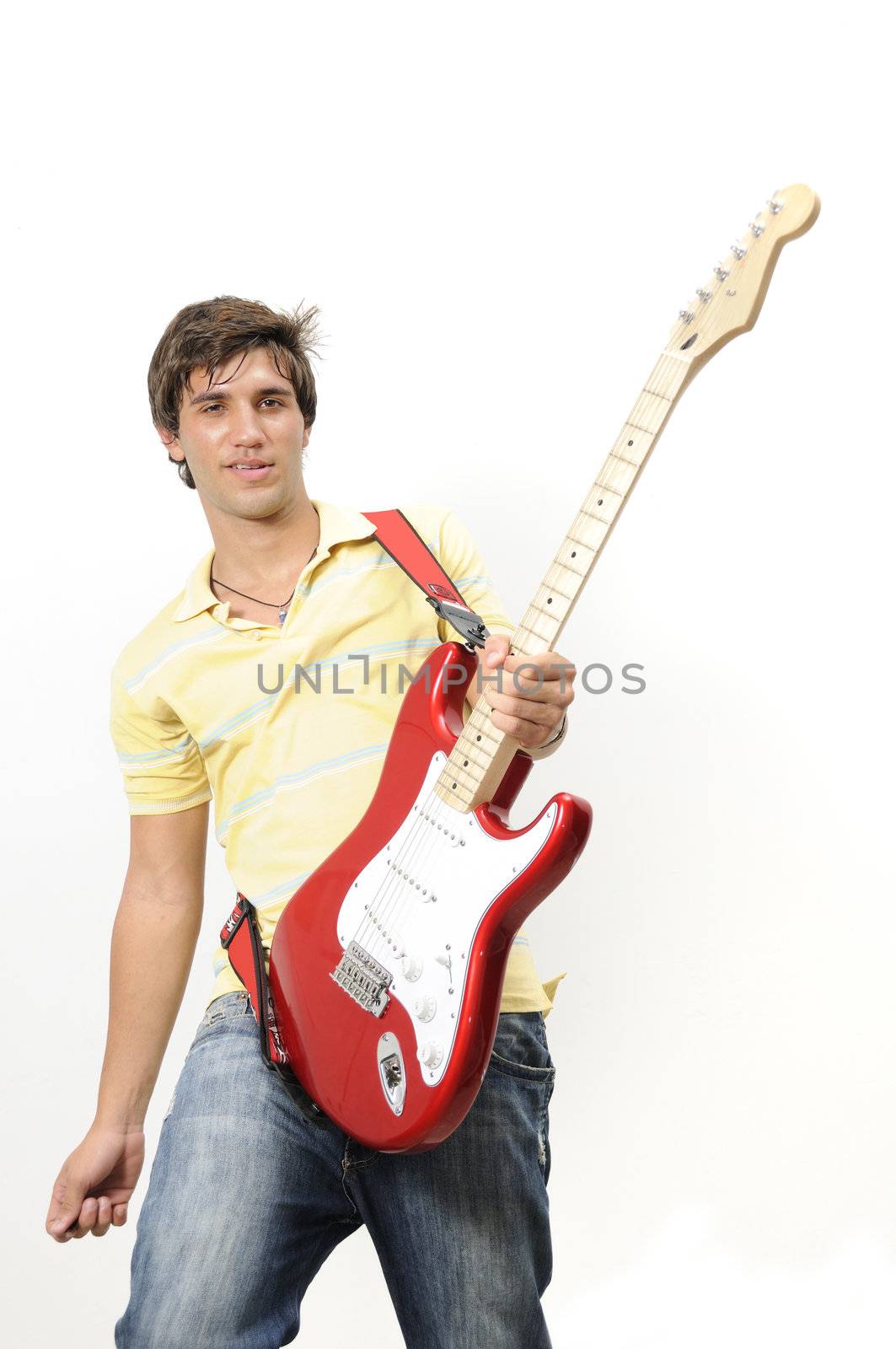Portrait of trendy teen playing electric guitar - isolated