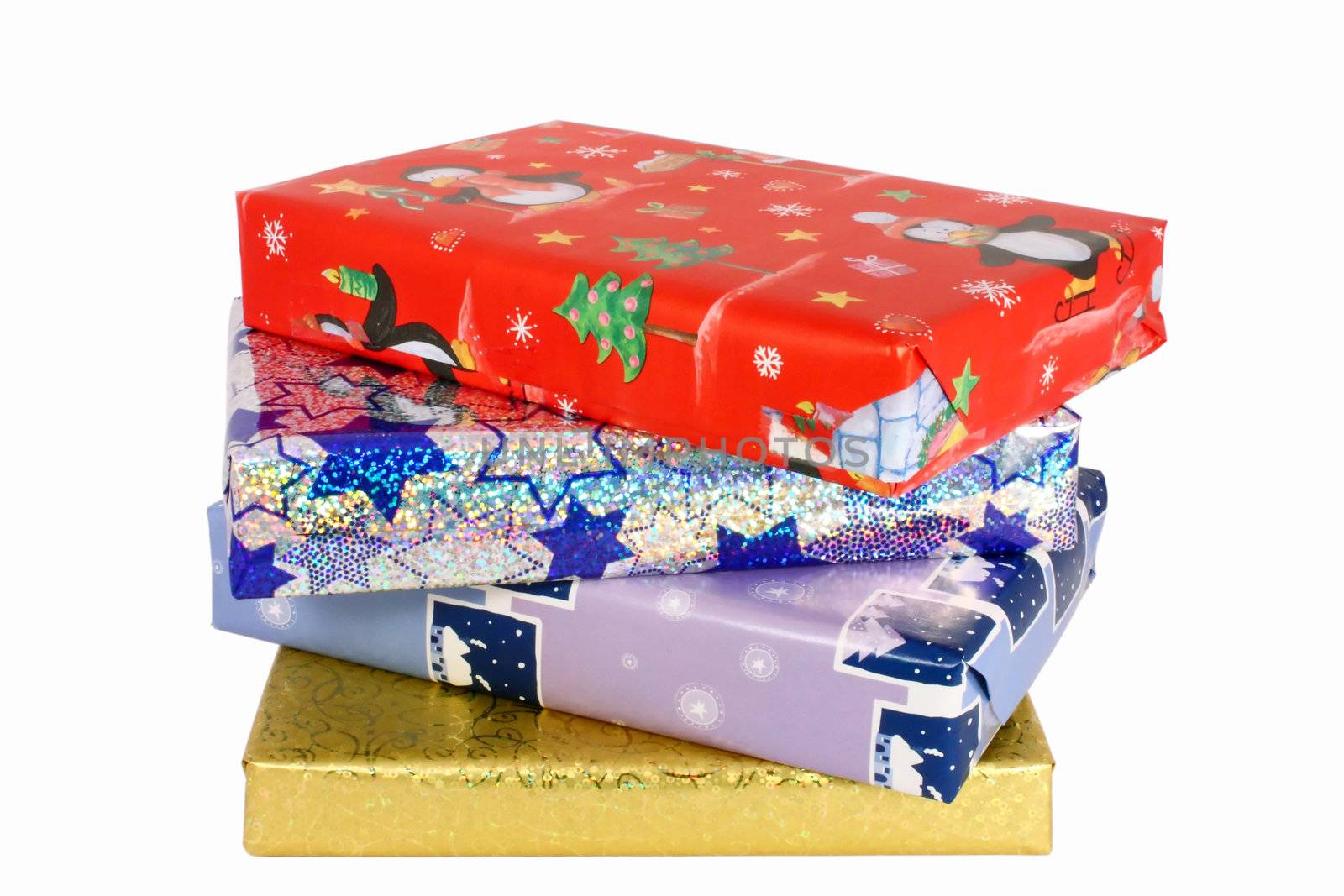 Pile of colorful gift boxes, isolated on white