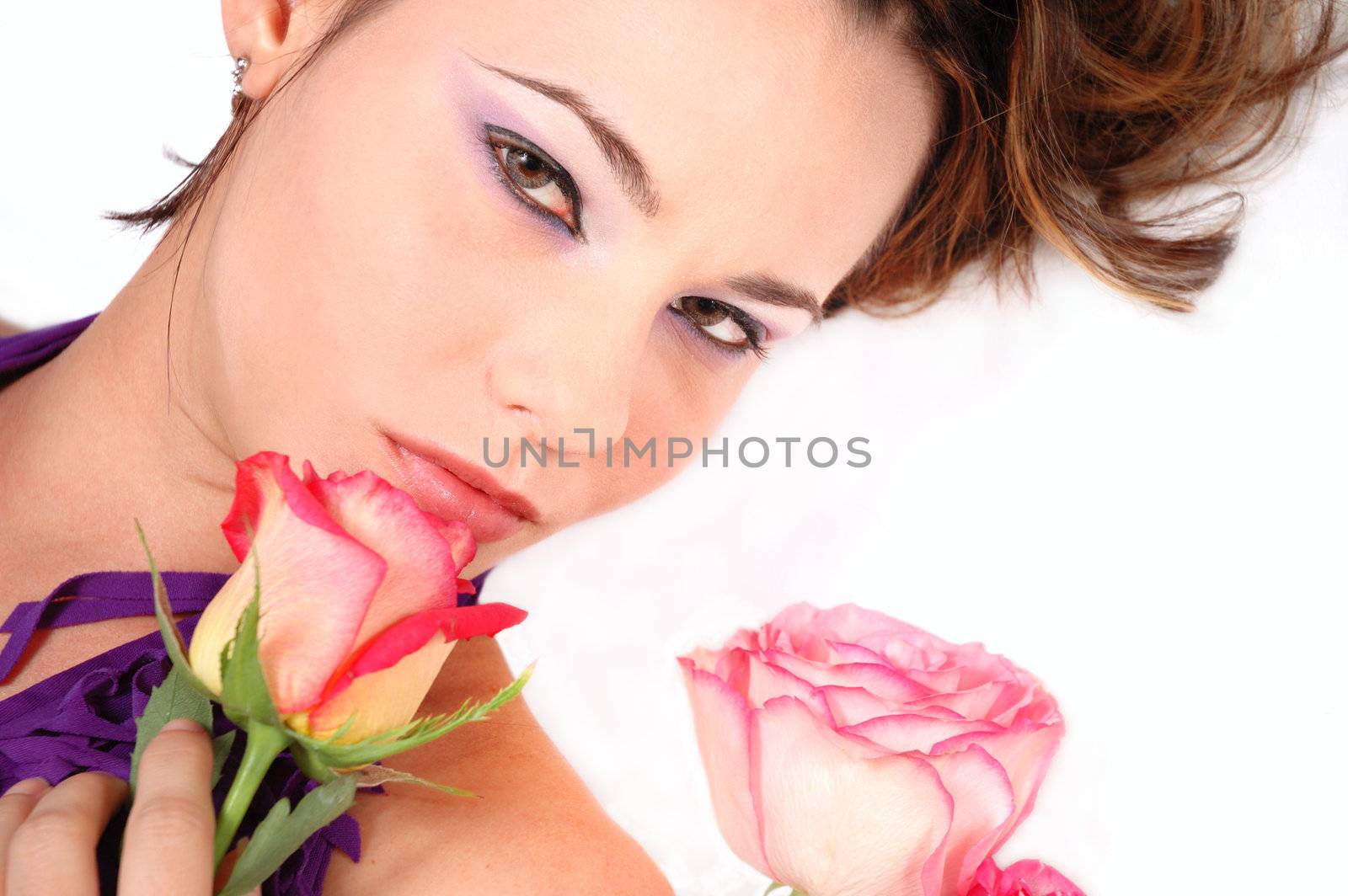 Portrait of sensual woman with pink roses - isolated