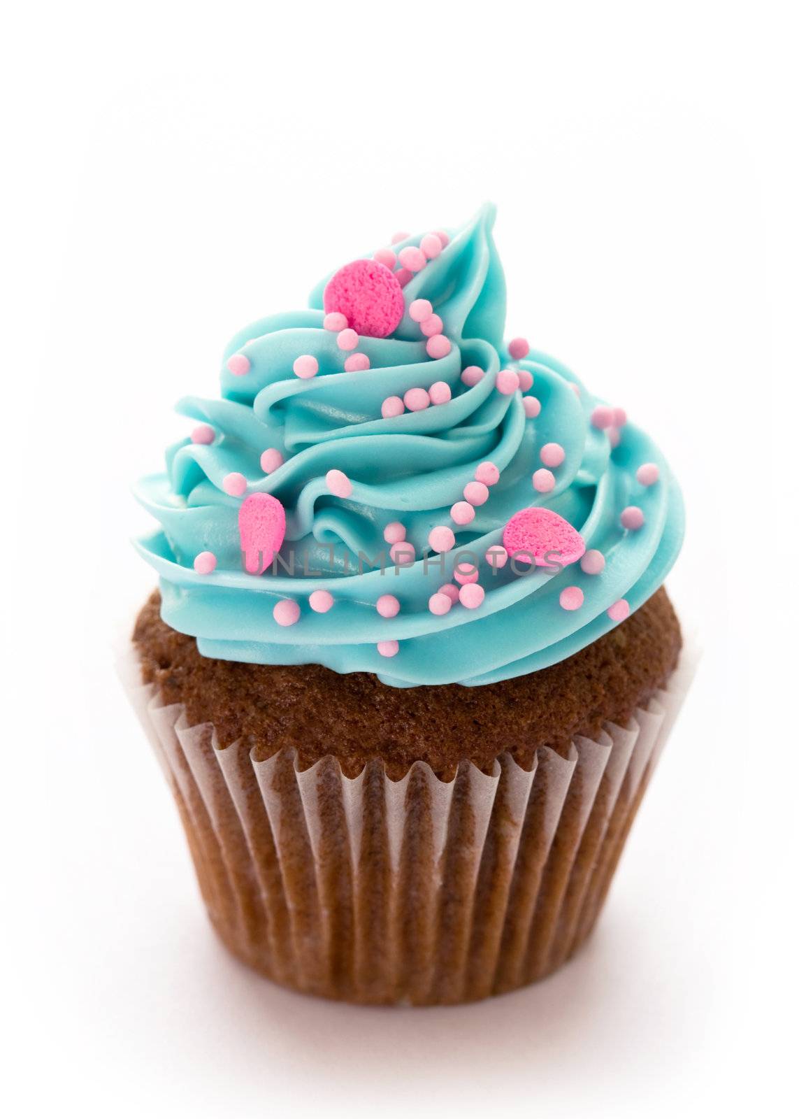 Chocolate cupcake decorated with blue frosting and pink sugar sprinkles