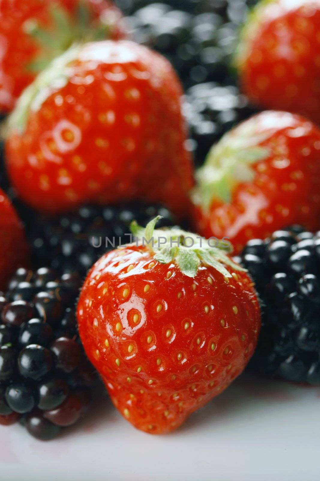 Strawberries and blackberries close-up with selective focus - shot in studio with a 21 megapixel camera