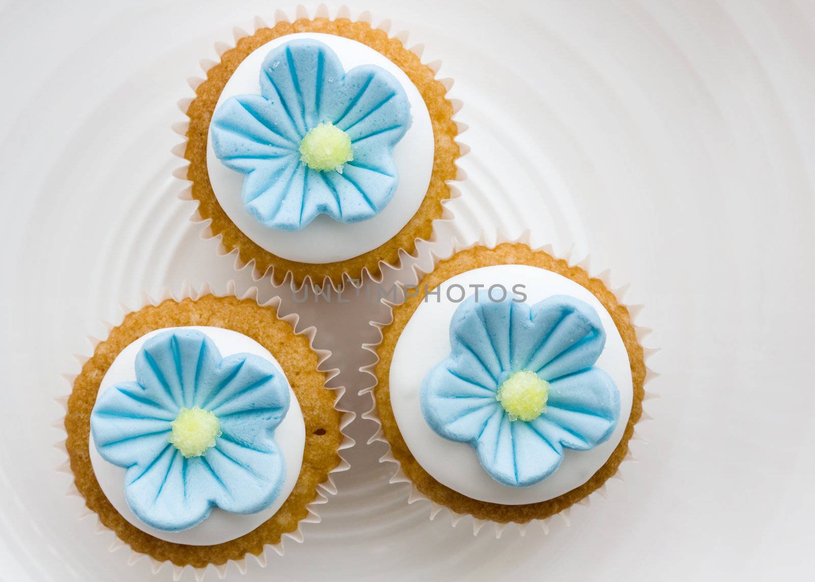 Three cupcakes decorated with blue sugar flowers