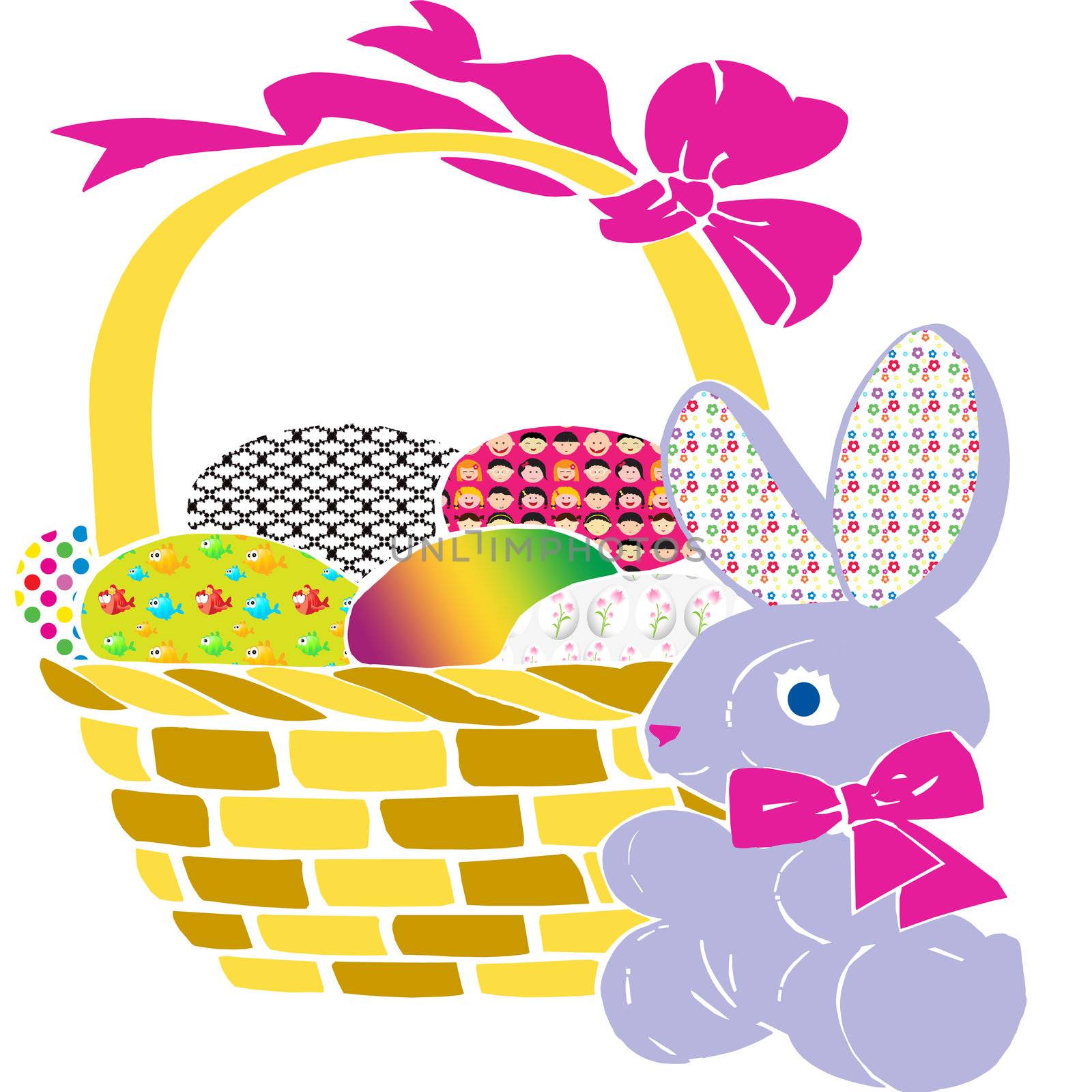 Easter bunny stands beside a full Easter egg basket