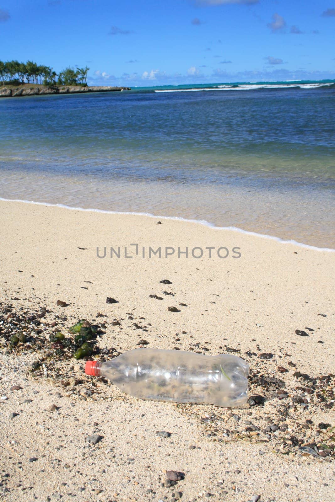 A discarded plastic bottle, washed ashore by the tide, lying on a secluded sandy beach