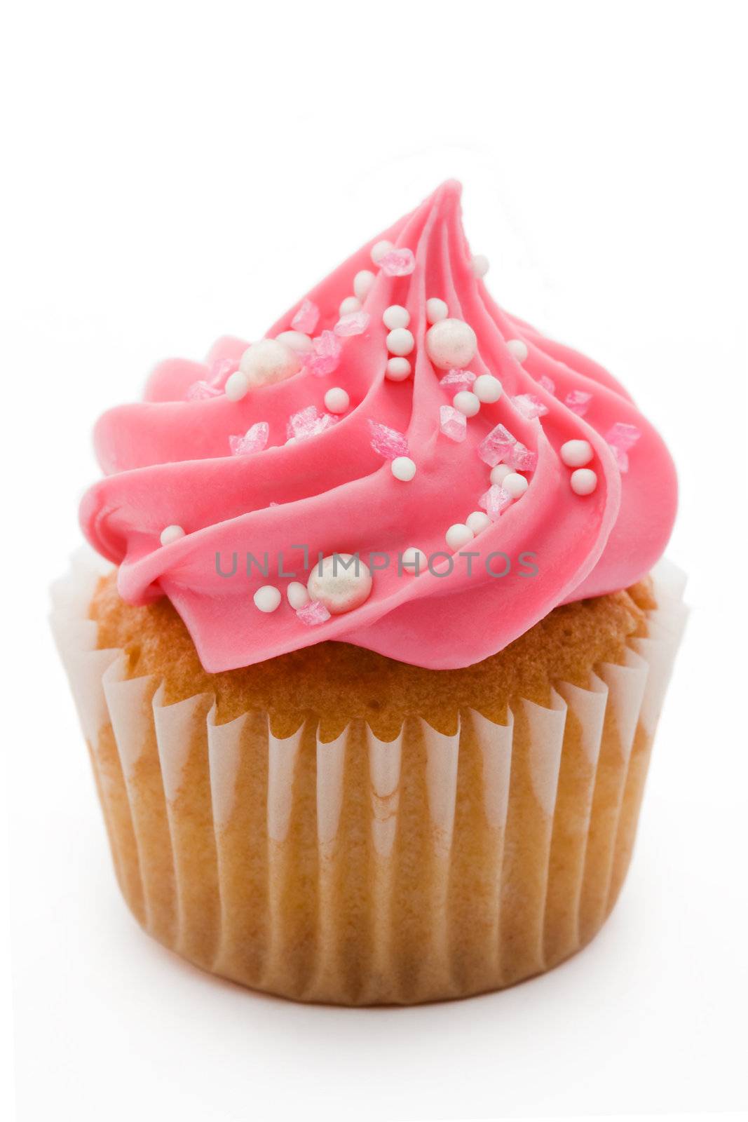 Pink cupcake isolated against a white background