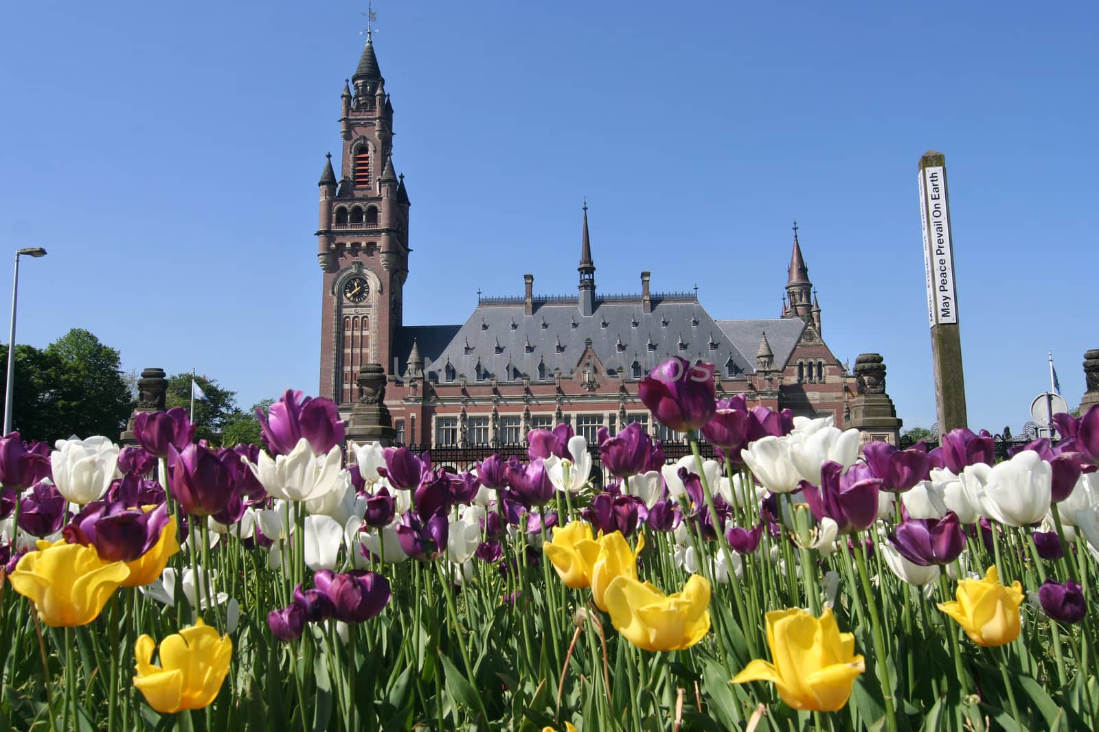 Flowers and Peace Palace aka UN International Court of Justice in The Hague, Holland