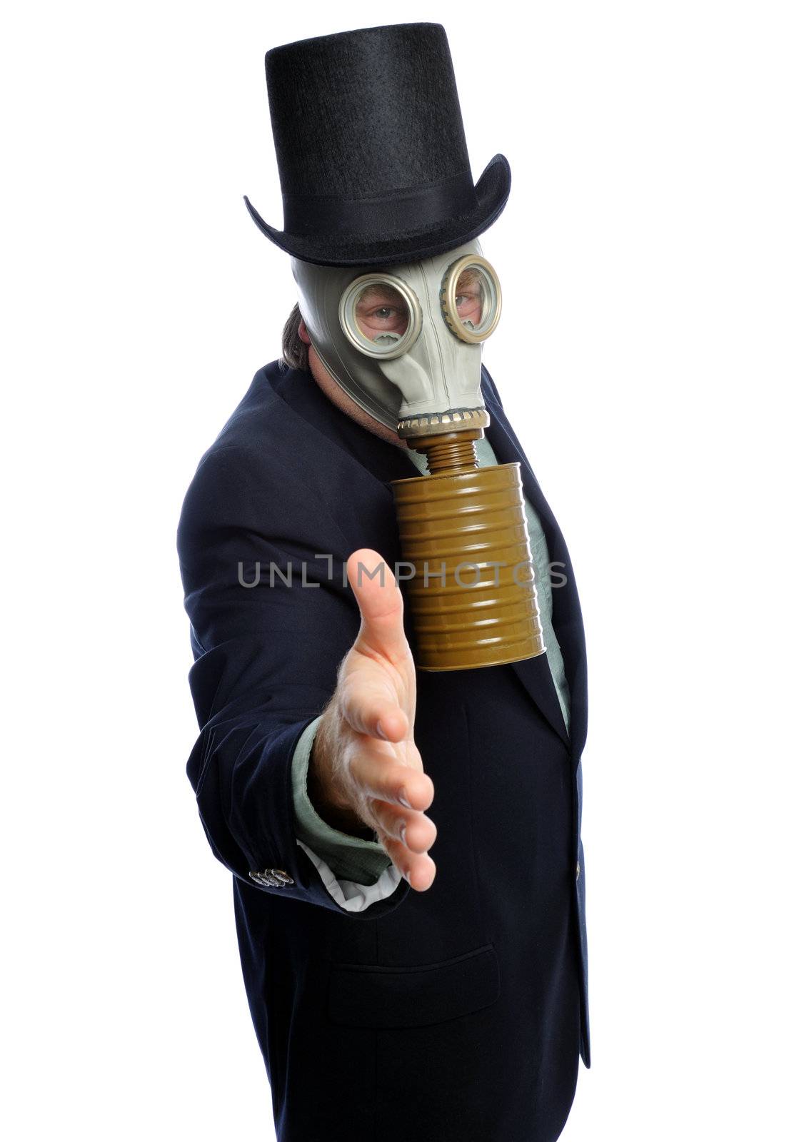 Man wearing a suit and gas mask on a white background