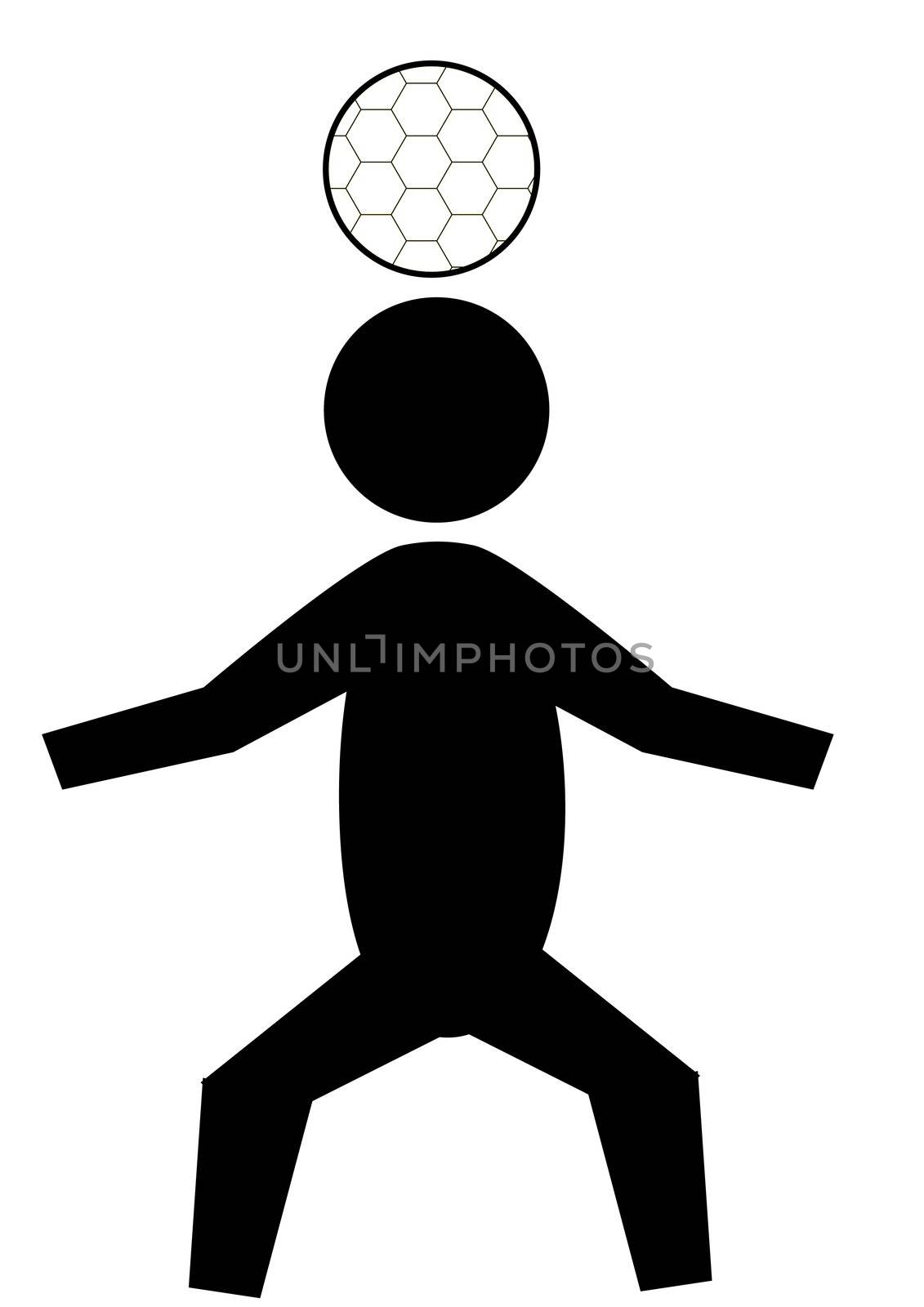 Black graphic figure bouncing a soccer ball on his head.