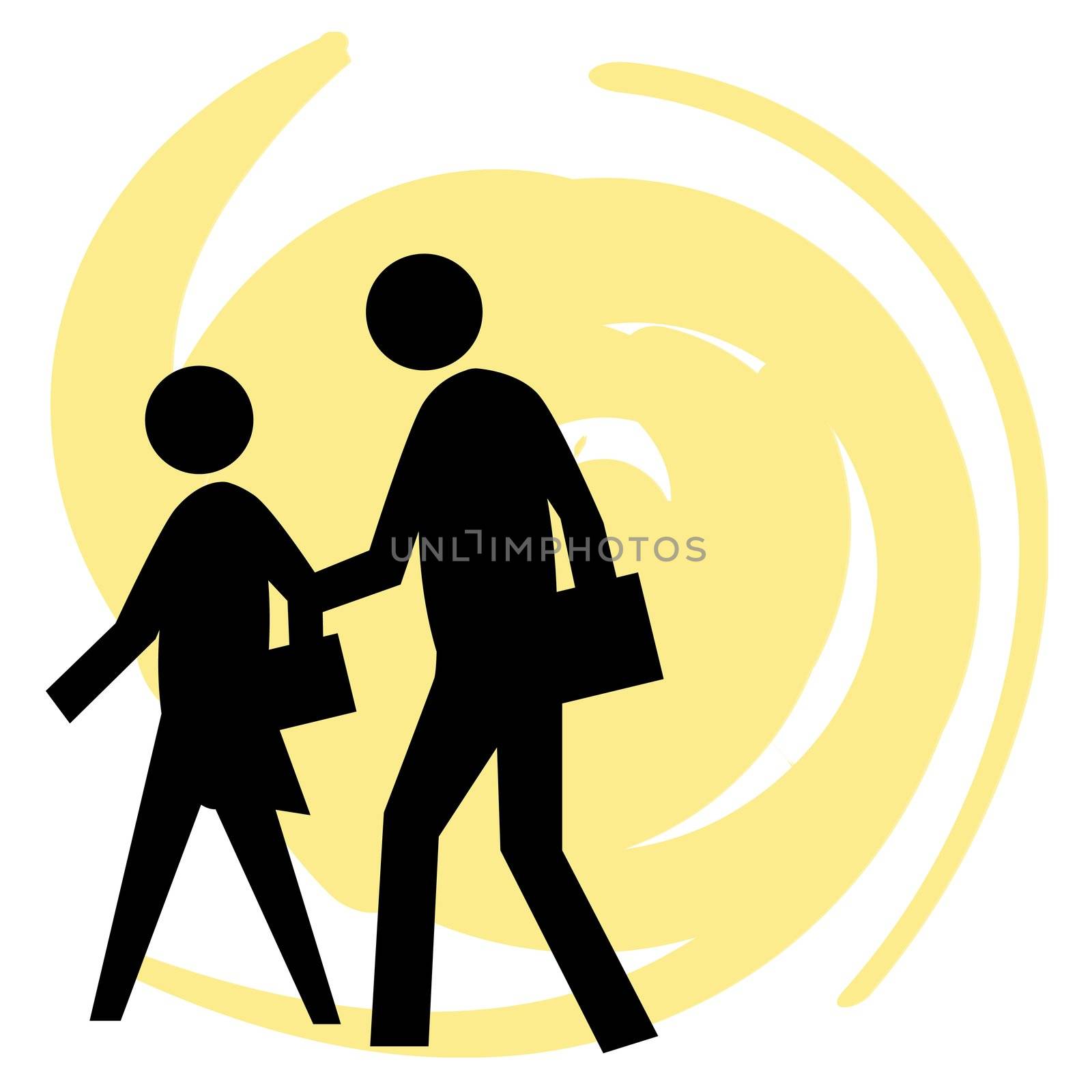 A black graphic image showing the classic school crossing figures against a modern yellow swirl background