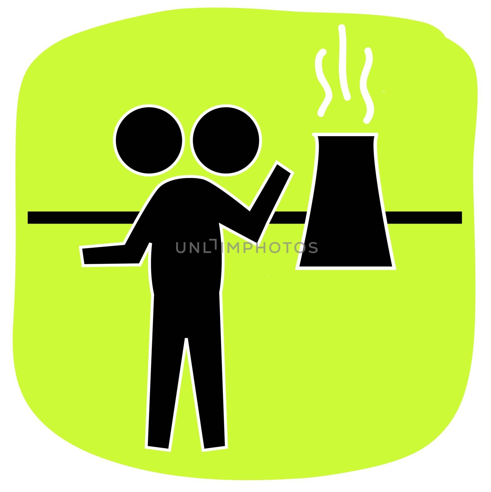 Two headed figure standing in front of a nuclear reactor with green background